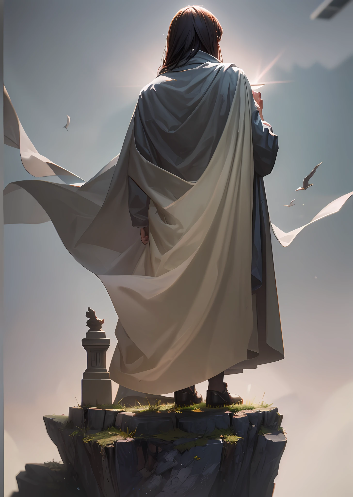 Jesus stands on a cliff with his back to man to ward off evil spirits, masterpiece, slate gray atmosphere, best quality, high quality, 8k unit wallpaper Very detailed, award-winning photography, bokeh, depth of field, HDR, floodlight, chromatic aberration, realistic, very detailed, very real, trends in art stations, trends in CG society, intricate, high detail, dramatic, art on the go, volumetric lighting