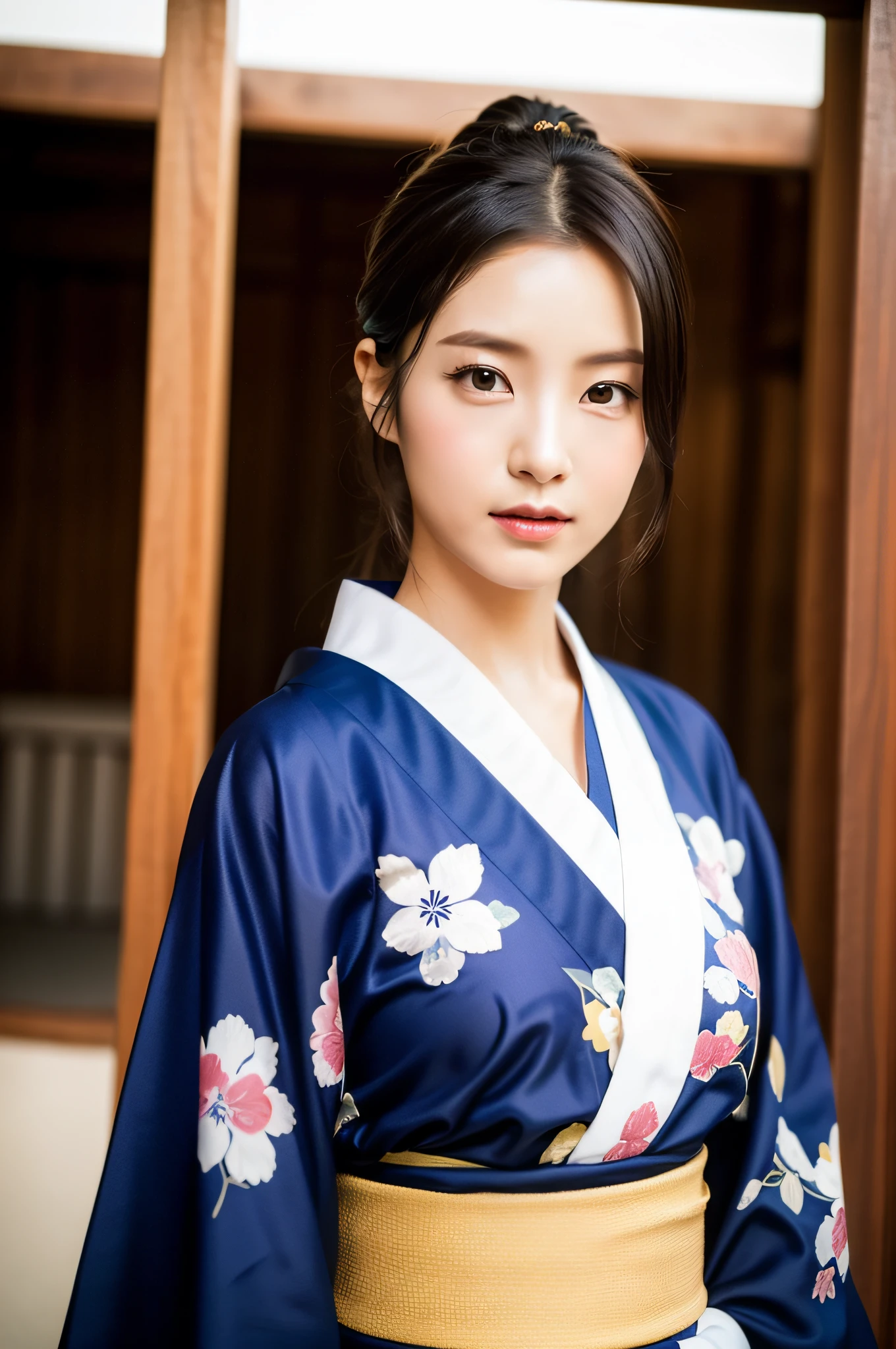 ((Best Quality, 8K, Masterpiece: 1.3)), Sharp Focus: 1.2, (Super Beautiful Face: 1.0), (Slender Abs Beauty: 1.0), (Shiny Skin: 1.0), Realistic Photography, Black Hair, Realistic Pupils, Video Lighting, High Definition Eyes and Face, Video Lighting, (Cowboy Shot: 1.3), (Kimono, Hakama, Obi: 1.4), (Korean Cute Actress), Traditional Kimono, Front Off, Big