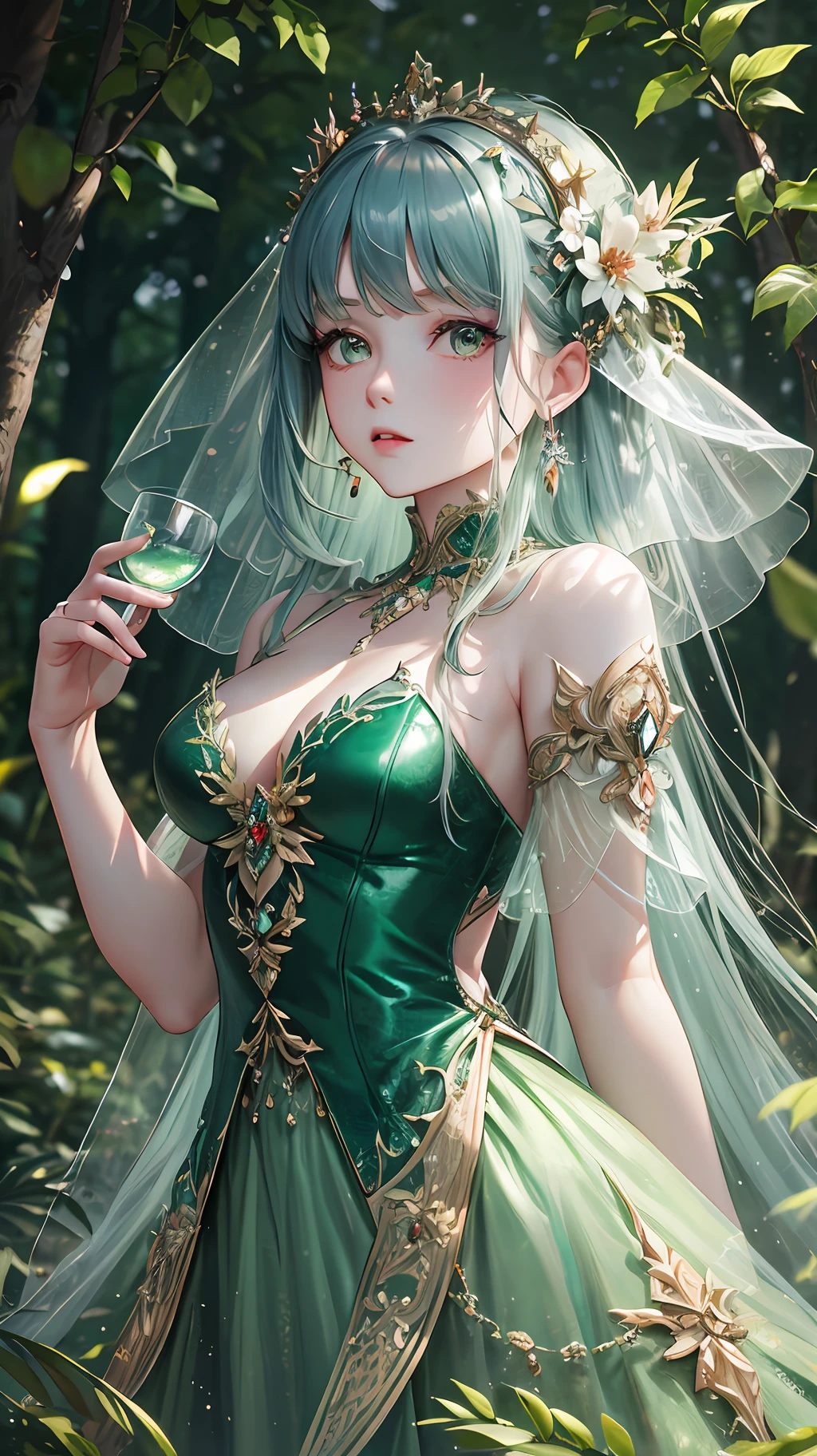 Masterpiece, ultra-high resolution, fantastic forest, countless lights shining through the trees, infinite depth, very beautiful and detailed green dress, crystal clear dress, craftsmanship, top quality, 9 life woman, crystal effect, silver accessories, forest fairy, forest spirit, (Maximalism: 1.5)