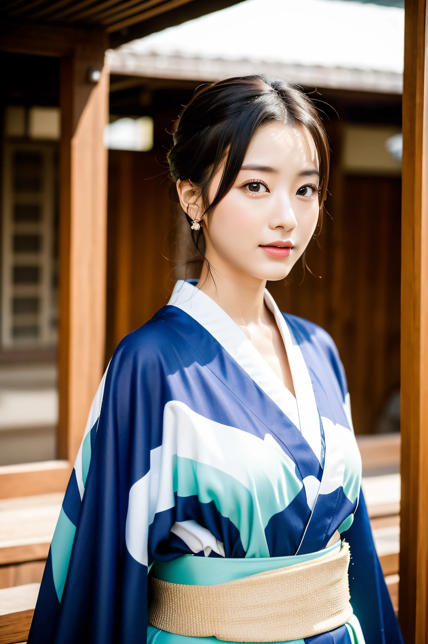 ((Best Quality, 8K, Masterpiece: 1.3)), Sharp Focus: 1.2, (Super Beautiful Face: 1.0), (Slender Abs Beauty: 1.0), (Shiny Skin: 1.0), Realistic Photography, Black Hair, Realistic Pupils, Video Lighting, High Definition Eyes and Face, Video Lighting, (Cowboy Shot: 1.3), (Kimono, Hakama, Obi: 1.4), (Korean Cute Actress), Traditional Kimono, Front Off, Big