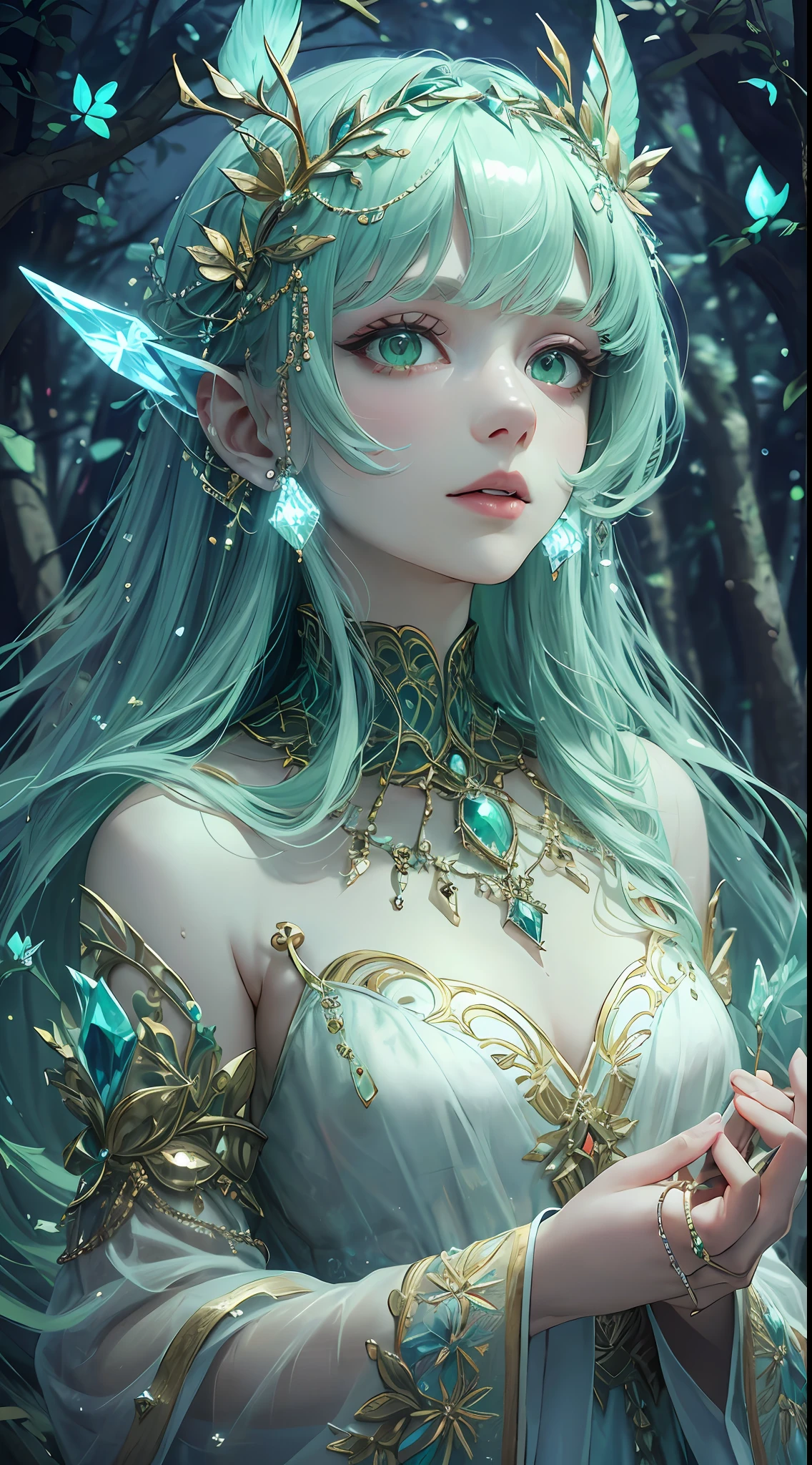 Masterpiece, super high resolution, in a fantastic forest, countless lights shining through the trees, infinite depth, very beautiful and detailed green dress, crystal clear dress, craftsmanship, top quality, 9 life women, crystal effects, silver accessories, forest fairy, forest spirit, (Maximalism: 1.8), Yggdrasil,