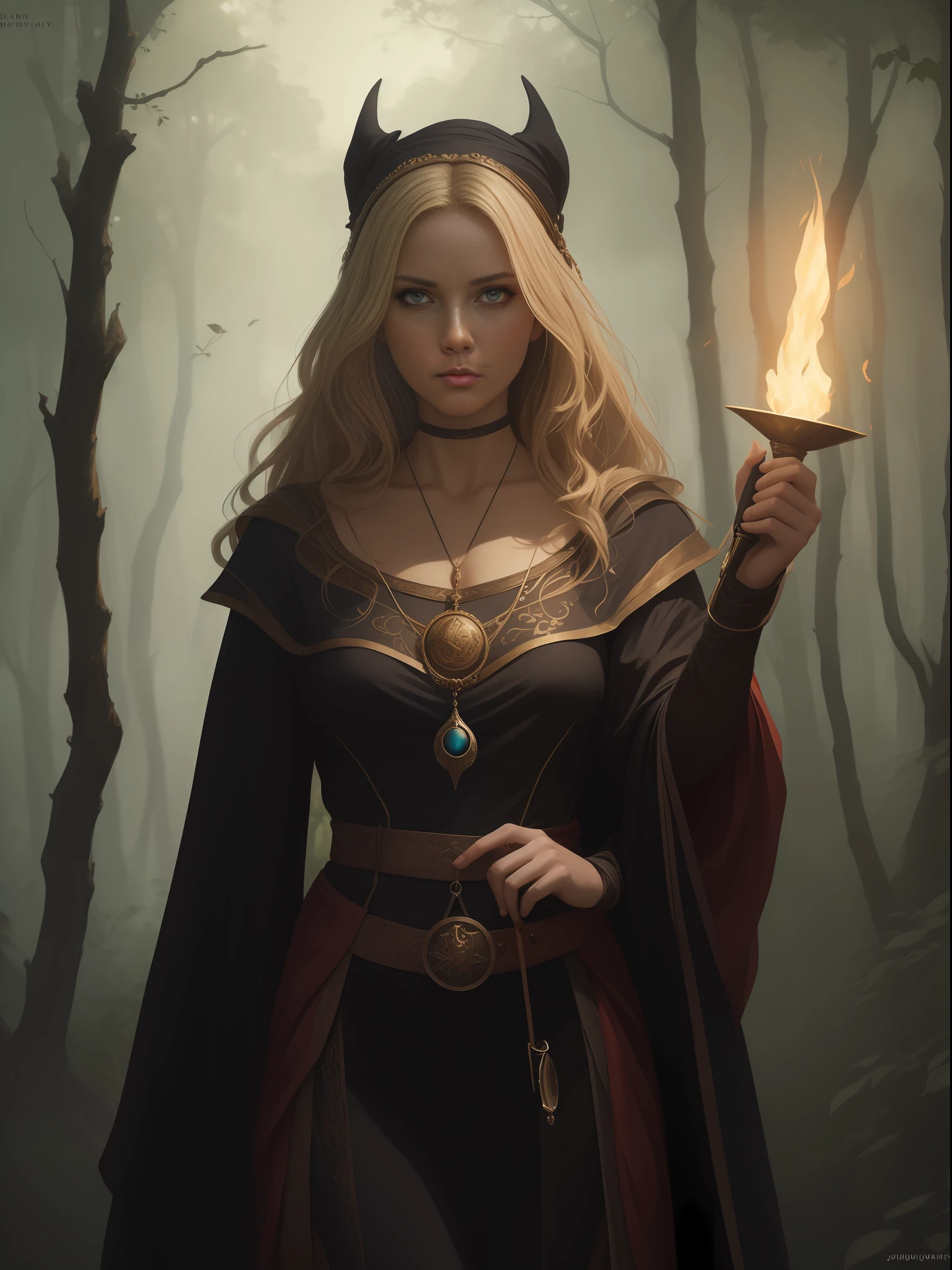 Mark Evans style by Ellen Dugan, (extremely detailed CG 8k wallpaper) full body photo of the most beautiful work of art in the world, medieval English witch, mysterious, black silk valley, pale skin, blonde, black silk tunic, holds a bright torch, dark and dark forest, evil sorceress in the forest, medieval witch priestess, a beautiful sorceress, dark fantasy magician, female magician, sorceress, dark sorceress, beautiful sorceress, photorealistic painting by Ed Blinkey, Atey Ghailan, Studio Ghibli, by Jeremy Mann, Greg Manchess, Antonio Moro, trends in CGSociety, Intricate, High Detail, Sharp Focus, dramatic and photorealistic painting art by Midjourmey and Greg Rutkowski