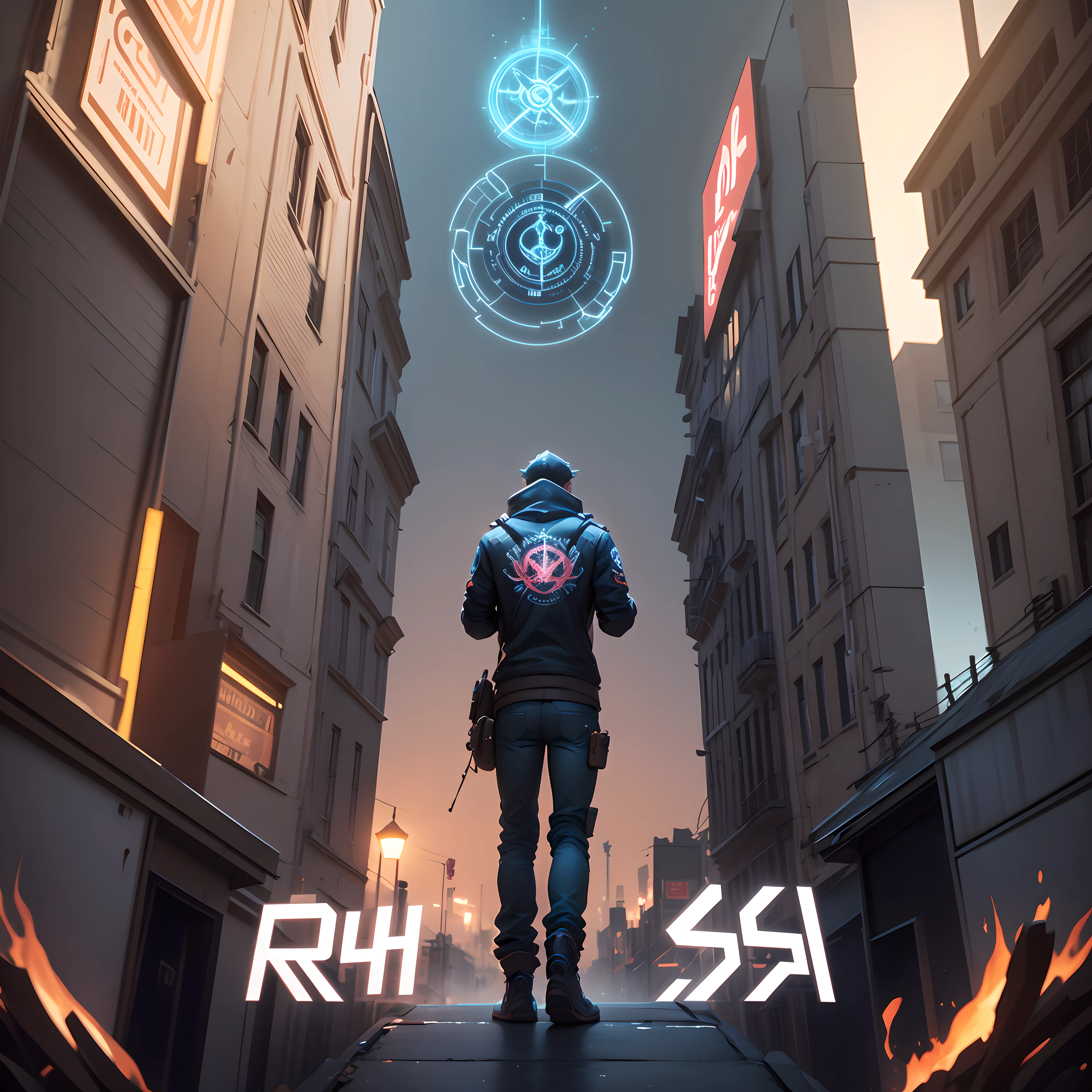 RUSH word written with a watch with a crosshairs and a star, symmetrical concept art, symmetry!! Concept art, symmetrical digital illustration, stylized game icon, very coherent stylized art, Dan Mumford and Alex Grey style, old symbol behind, threyda, 3D icon for mobile gaming, symmetrical art. Cinematic and digital illustration radiating --auto