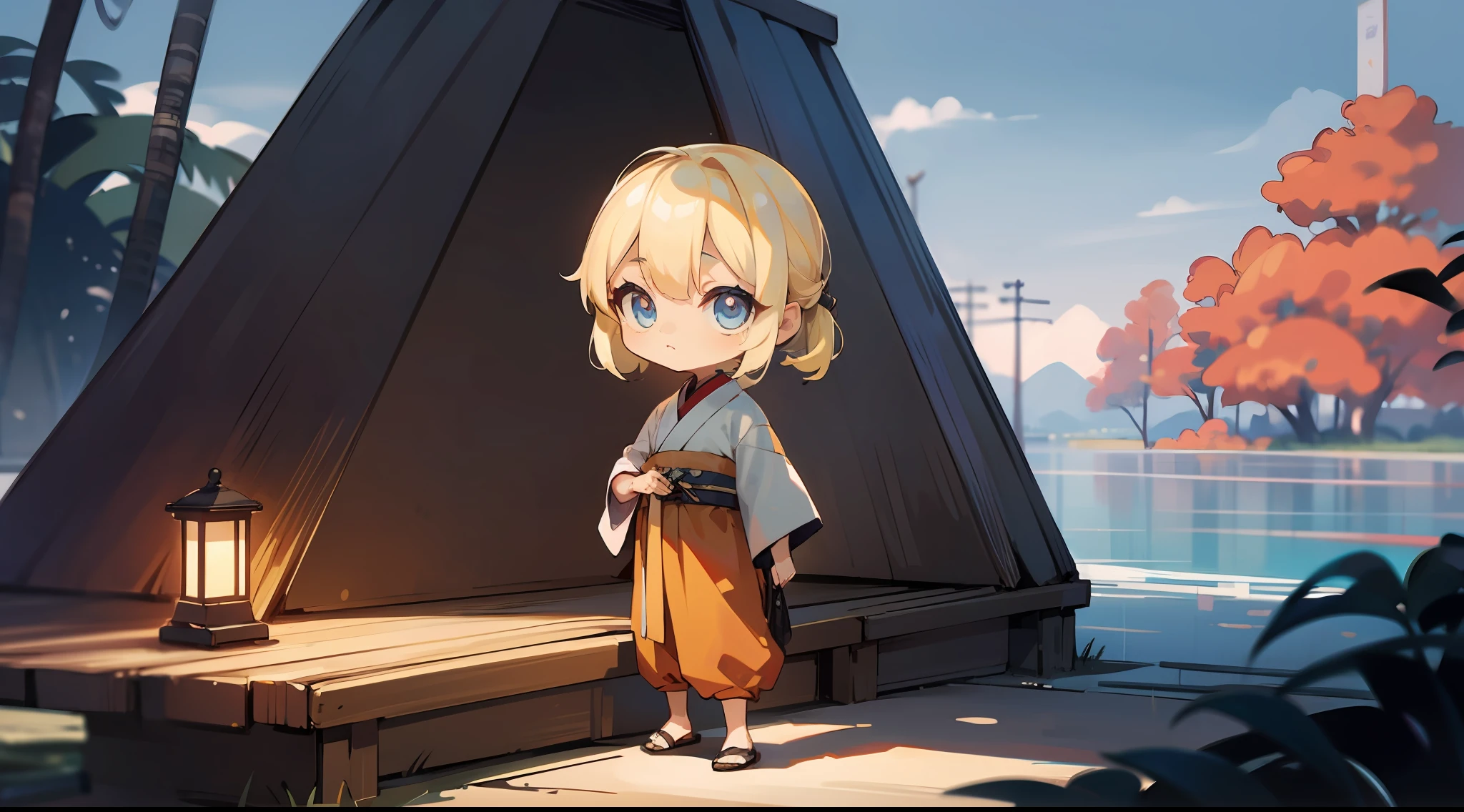 (masterpiece),(exclusive + unique + unusual + original) [brunette with partially blonde hair + yellow-blue eyes: 1.2 + kimono + joggers], (mystical theme + hellish paradise), with the style of rice "Chibi"