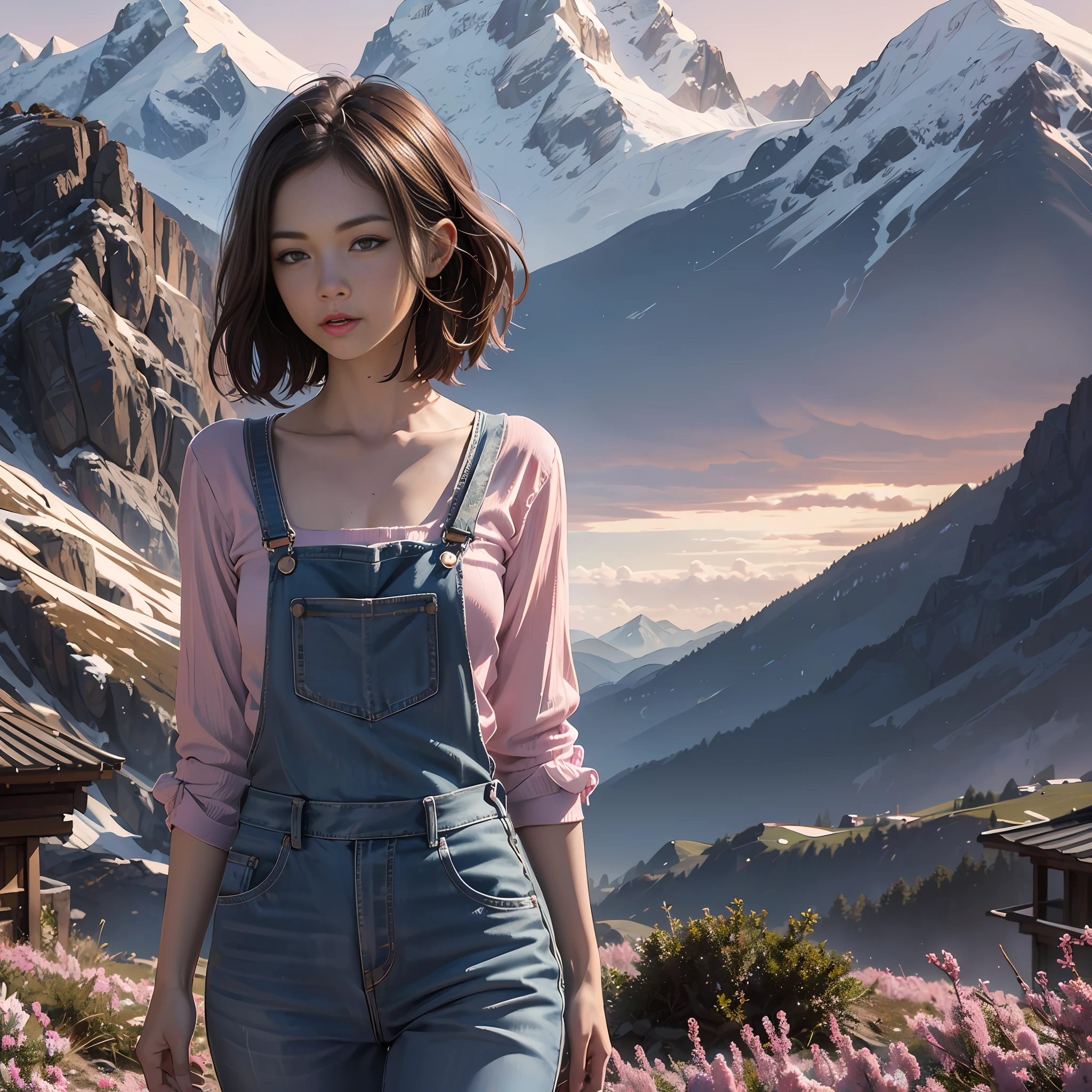 ((Masterpiece, 4k, 8k, highres)), 1 woman, lovely woman, beautiful, beautiful, illustration, beautiful art, woman in overalls only, no bra, no underwear, short brown hair, bright purple eyes, perfect body, perfect anatomy, thin, small, standing in a Praire, mountains, swiss alps, sunset, purple and pink clouds, beautiful, natural, ultra detailed scenery, best jppop art style,  Japanese style,