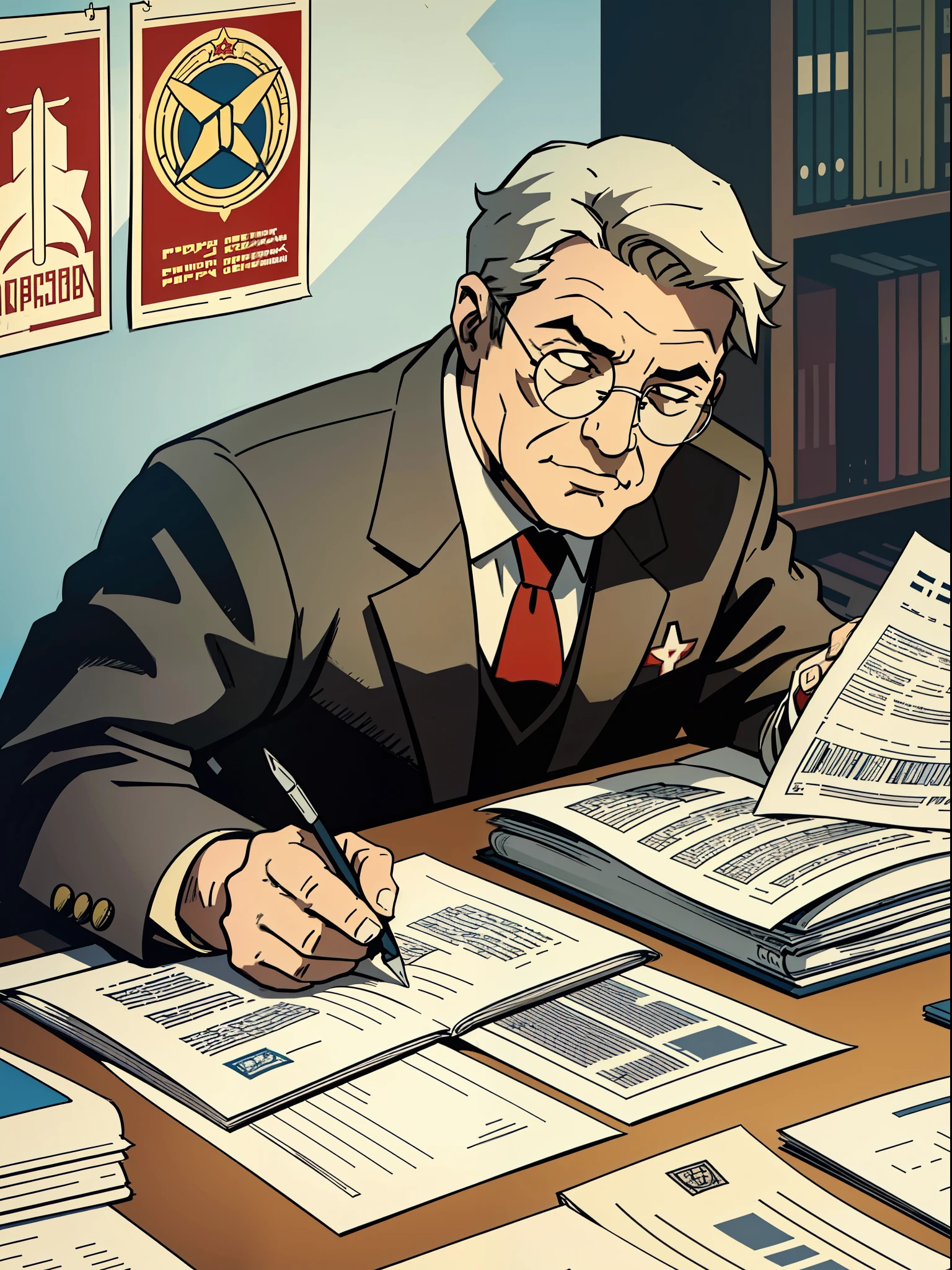 (masterpiece), (great detail), Soviet propaganda poster, a former professor in gray suit and glasses reviewing documents in his office, white background, red letters in Russian (embossed and very detailed), illustration only in three colors, edges of illustration worn paper, general vintage mustard tone