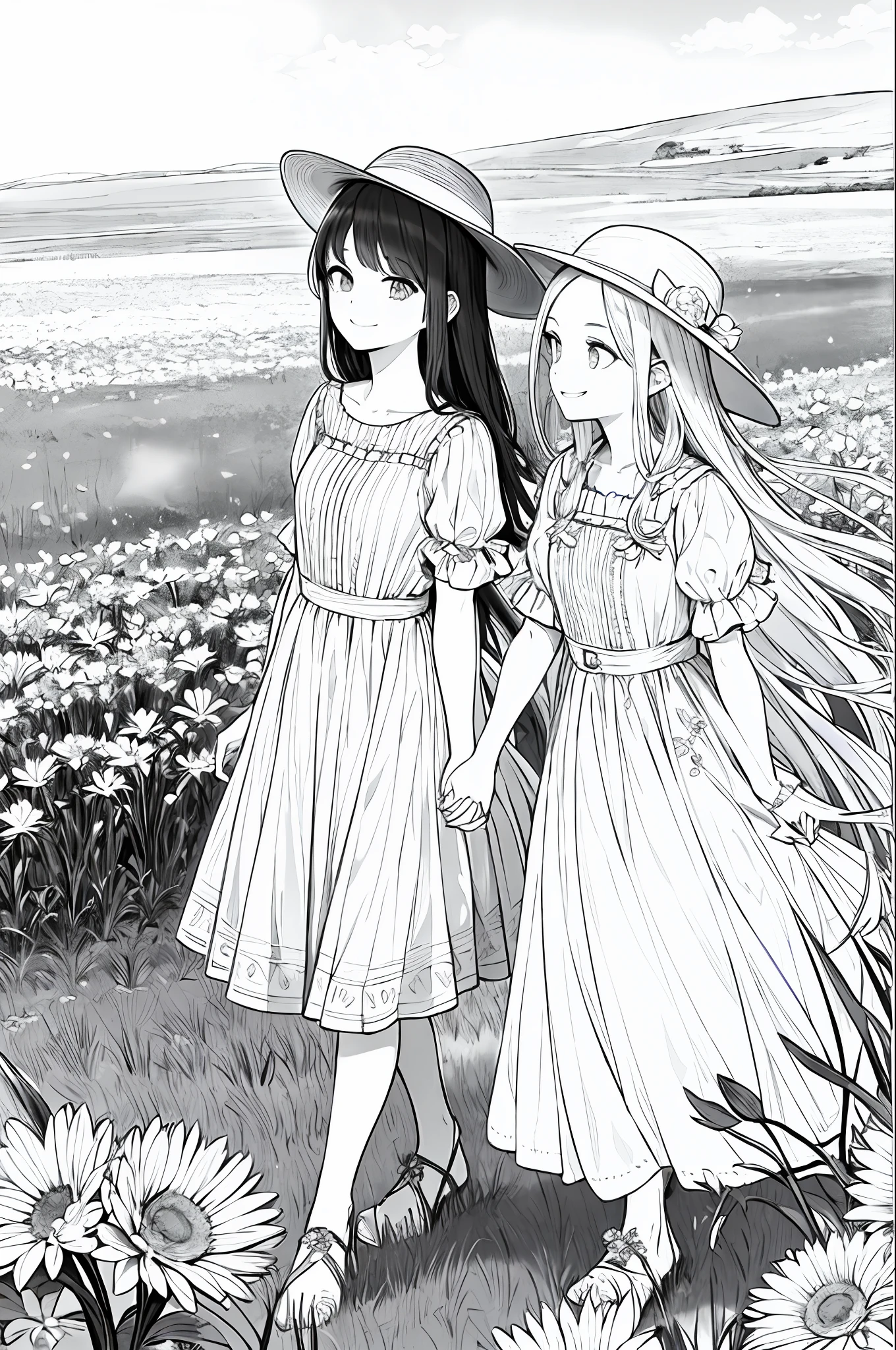 A beautiful girl with hat and flowers around smiling in a field and holding hands with another girl