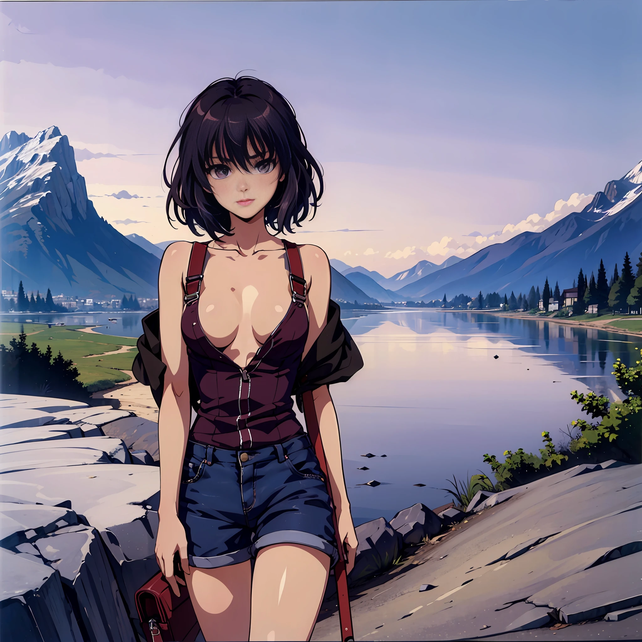 ((Masterpiece, 4k, 8k, highres)), 1 woman, lovely woman, beautiful, beautiful, illustration, beautiful art, woman in overalls only, no bra, no underwear, short brown hair, bright purple eyes, perfect body, perfect anatomy, thin, small, standing in a Praire, mountains, swiss alps, sunset, purple and pink clouds, beautiful, natural, ultra detailed scenery, best jppop art style,  Japanese style,