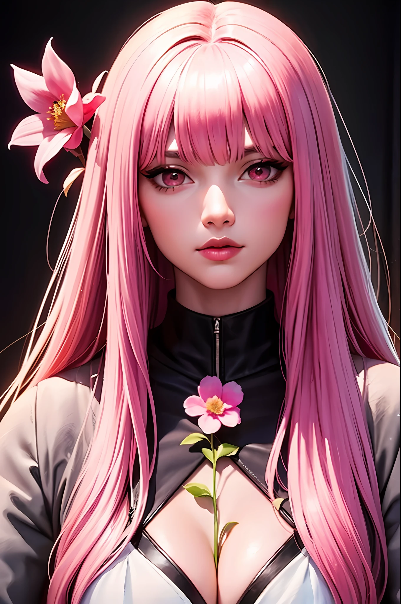ambrosia, (watercolor) Masterpiece Portrait, Hdr, volumetric lighting, ( \(flower\):1.3) (portrait) anime (woman:1.3) 1girl, Neon Pink hair, Dark Red eyes, Masterpiece, best quality,