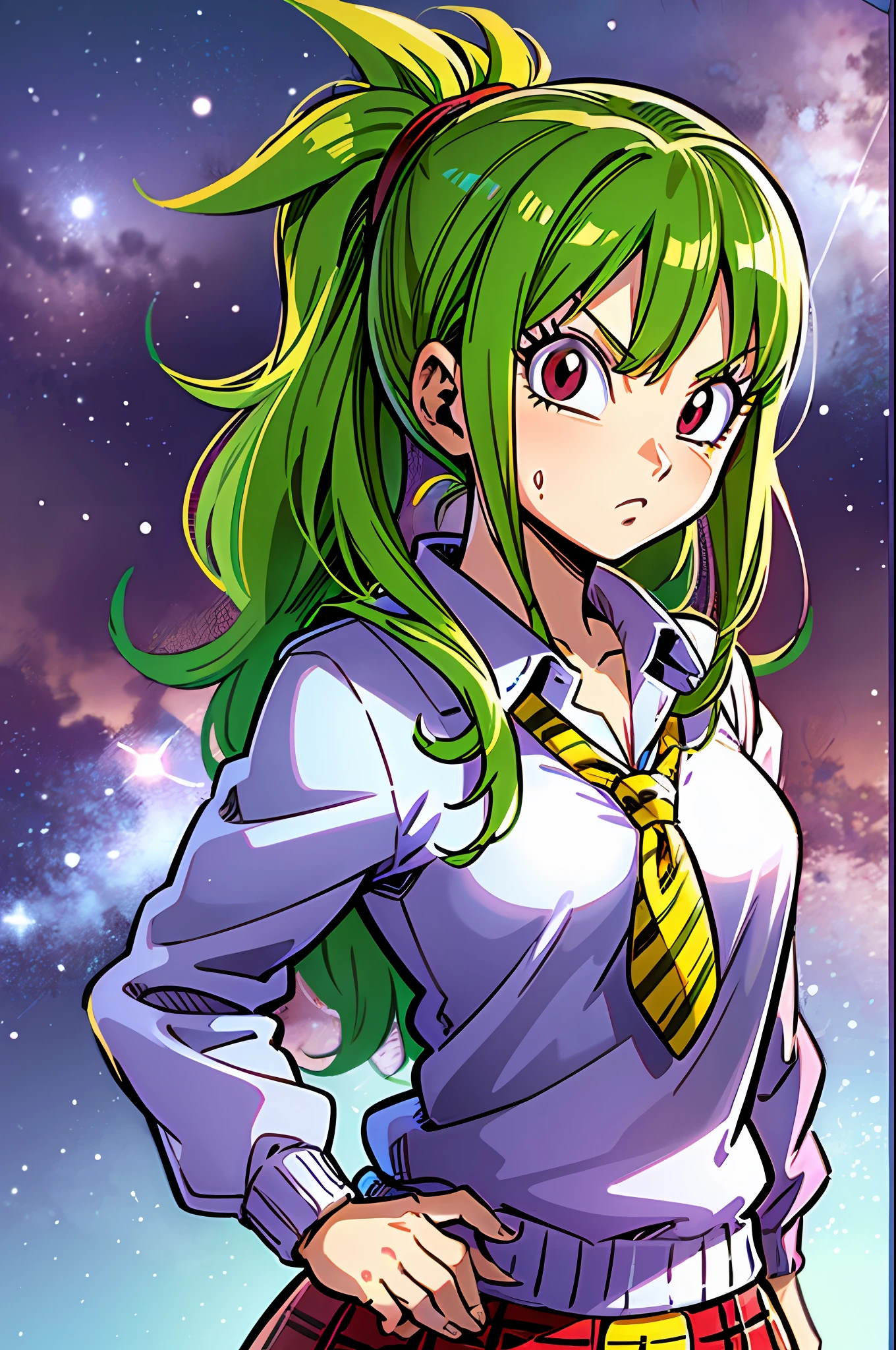 curious face, schoolgirl attire, white blouse with yellow jacket, green striped tie, red plaid skirt, red eyes and red hair in a twin ponytail, (style of dragon ball z and fairy tail anime), (illustrated by Akira Toriyama and Atsushi Ohkubo), (style mixing), Lucy Heartfilia, Bulma