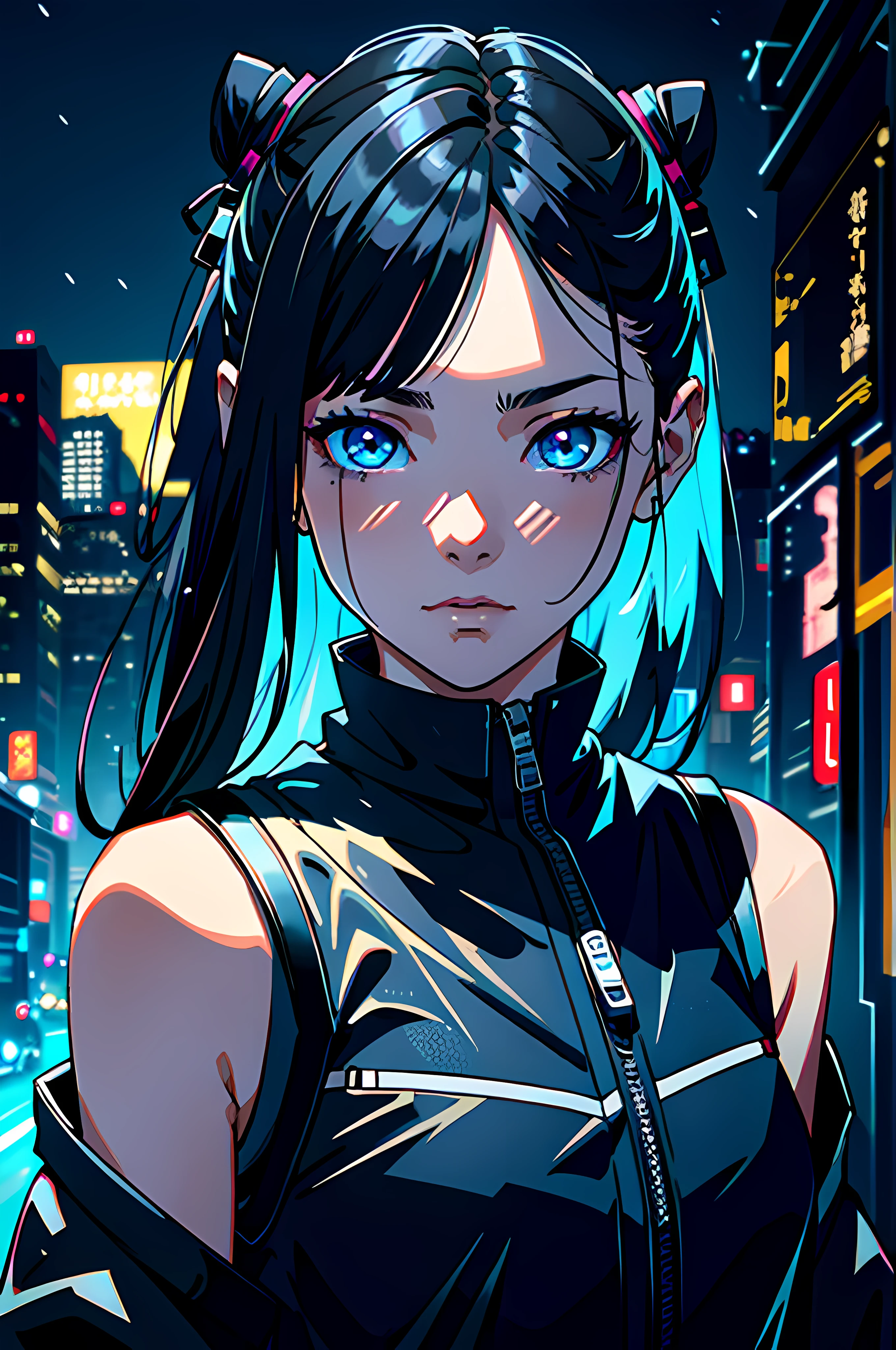 Wednesday Addams, Jenna Ortega face, solo, girl, futuristic outfit, neon samurai, very cute cyberpunk samurai, cyberpunk samurai, ghost blade style, cyberpunk style victo ngai, cyberpunk neon style, cyberpunc, cyberpunk neon, technomancer, video game character, synthwave image, cyberpunk, concept art neon glow, moon, lantern, night, solo, outdoor, sky, full moon, rain, mountain, cloud, paper lantern,  night sky, fringe, tree, reflection, overcast sky, {{(masterpiece),(extremely detailed CG unit 8k wallpaper), best quality, solo, cinematic lighting, detailed background, beautiful detailed eyes, bright pupils, (an extremely delicate and beautiful), (beautiful and detailed eye description), ultra-detailed, masterpiece,}}, detailed eyes, beautiful eyes, realistic eyes, beautiful eyes, perfect eyes