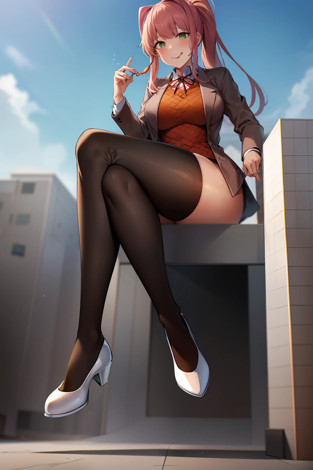 2d, masterpiece, best quality, anime, highly detailed, 1girl, solo, monika, green eyes, very long hair, ponytail, school uniform, straight-on, smile, (full body:1.5), giantess, smile, (from below:1.5), thick thighs, looking down at viewer, upskirt, (large breasts:1.3), field, (looming:1.3), mature female, high quality, hd quality, masterpiece, photorealistic, shoe soles, close-up foot, intense angle, :d, (sitting on building:1.6), very low angle, female pervert, toragao, crossed legs, closed mouth, (licking lips, licking own lips:1.1), (sitting:1.5), (white undershirt, orange sweater:1.2), (brown jacket:1.4), (absolute territory, black thighhighs:1.4), (uwabaki:1.5), full body in frame,