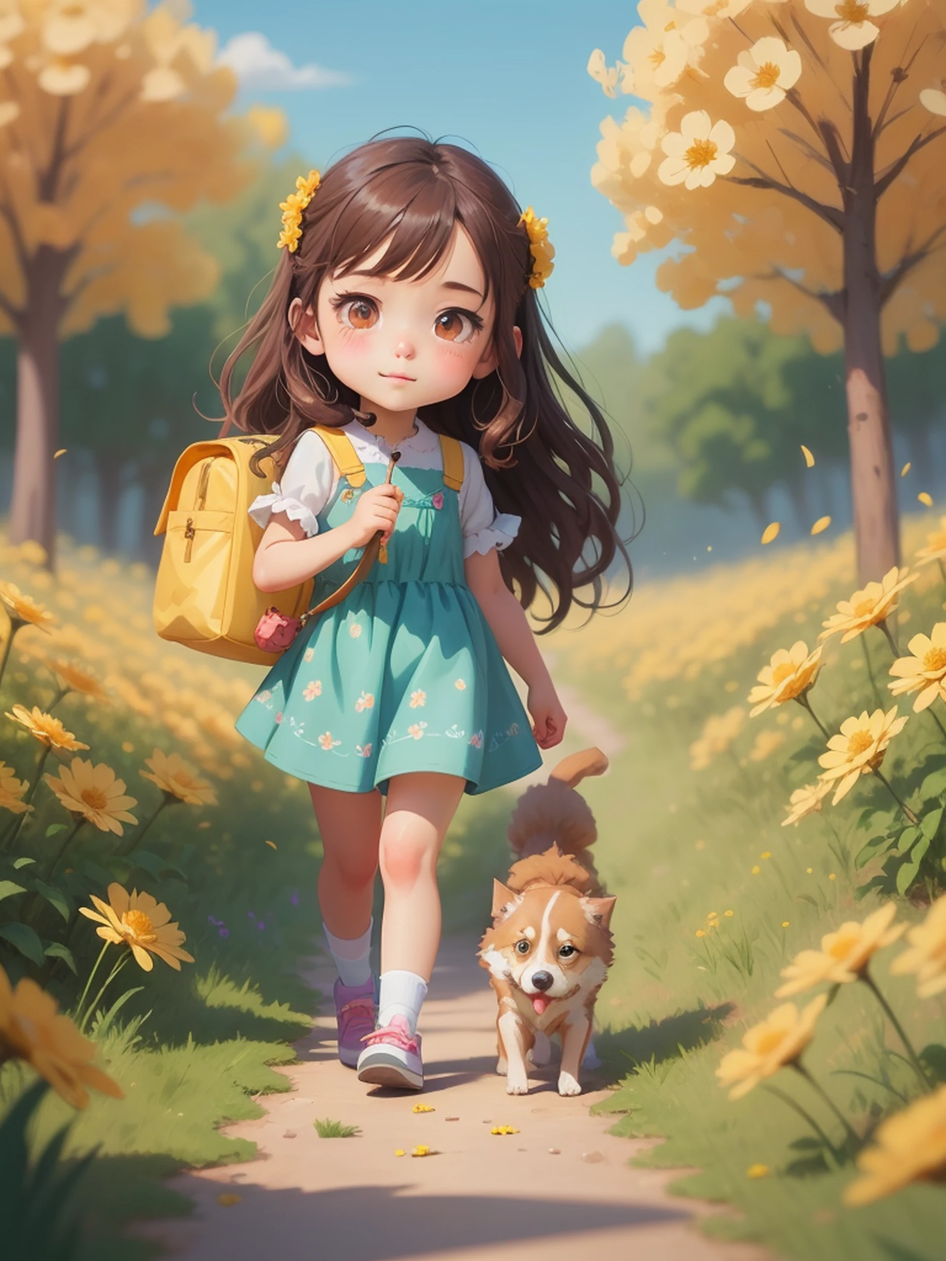 anime girl walking with a dog on a path in a field of flowers, adorable digital painting, cute detailed digital art, childrens art in artstation, cute digital art, cute detailed artwork, cute art style, realistic cute girl painting, beautiful digital illustration, a beautiful artwork illustration, by Ni Duan, cute artwork, atey ghailan 8 k, beautiful digital artwork