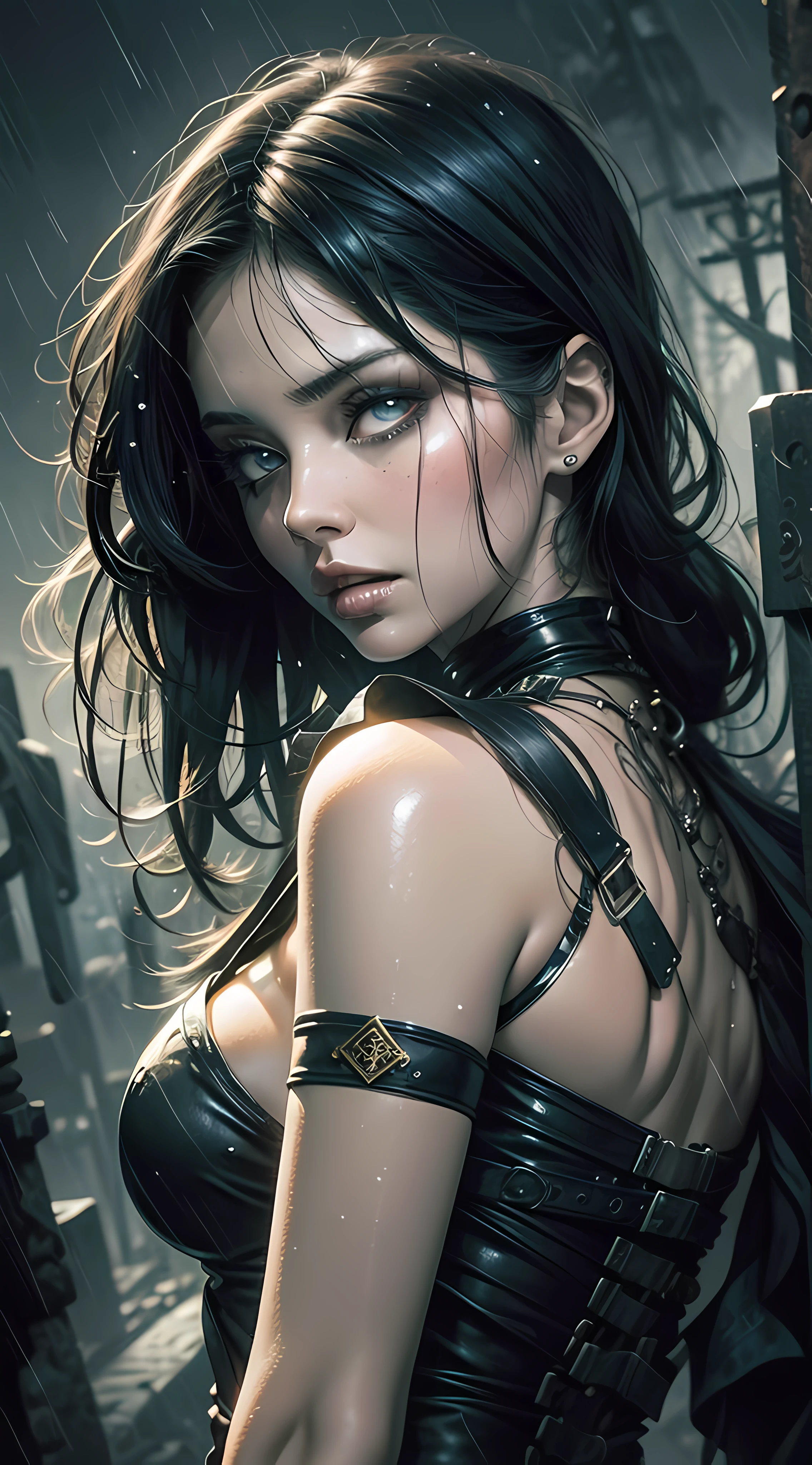 awesome illustration, very sexy beauty woman, long black hair, perfect mouth and lips, Godmachine Style, a night rain atmosphere, graveyard with zombies background, realistic, staring at camera, wearing sexy white dress costume
