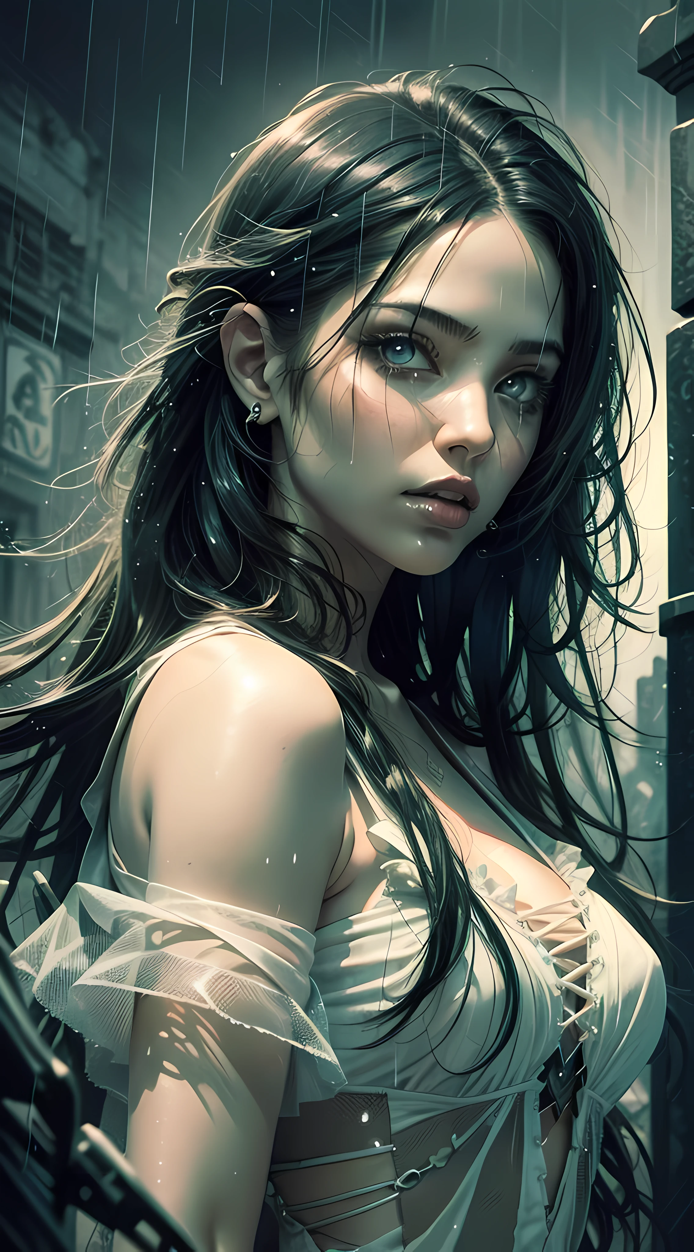 awesome illustration, very sexy beauty woman, long black hair, perfect mouth and lips, Godmachine Style, a night rain atmosphere, graveyard with zombies background, realistic, staring at camera, wearing sexy white dress costume