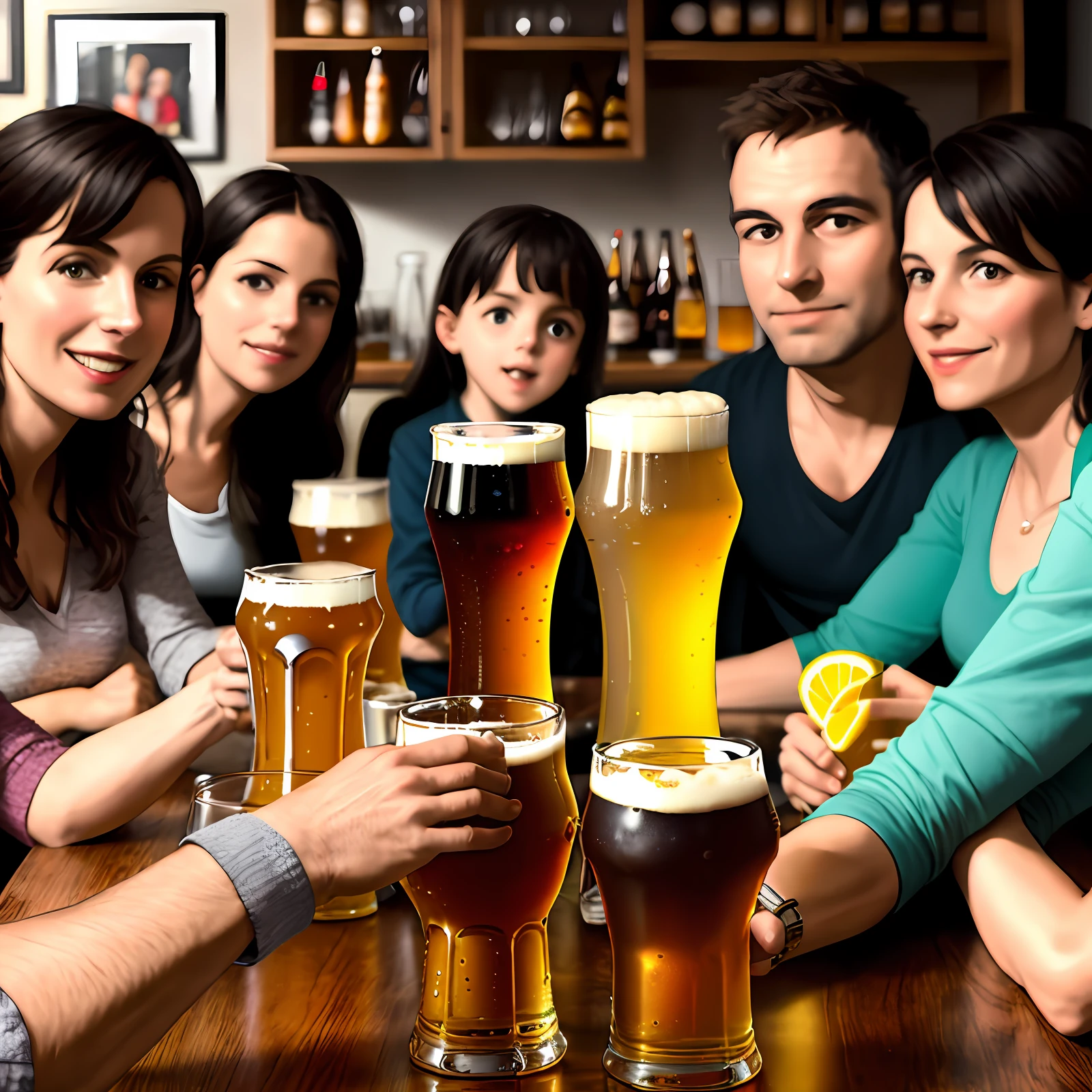 Close up, multiple families, mother, father, mommy friend, children, portrait of home party, beer and juice on the dining table, 7 people