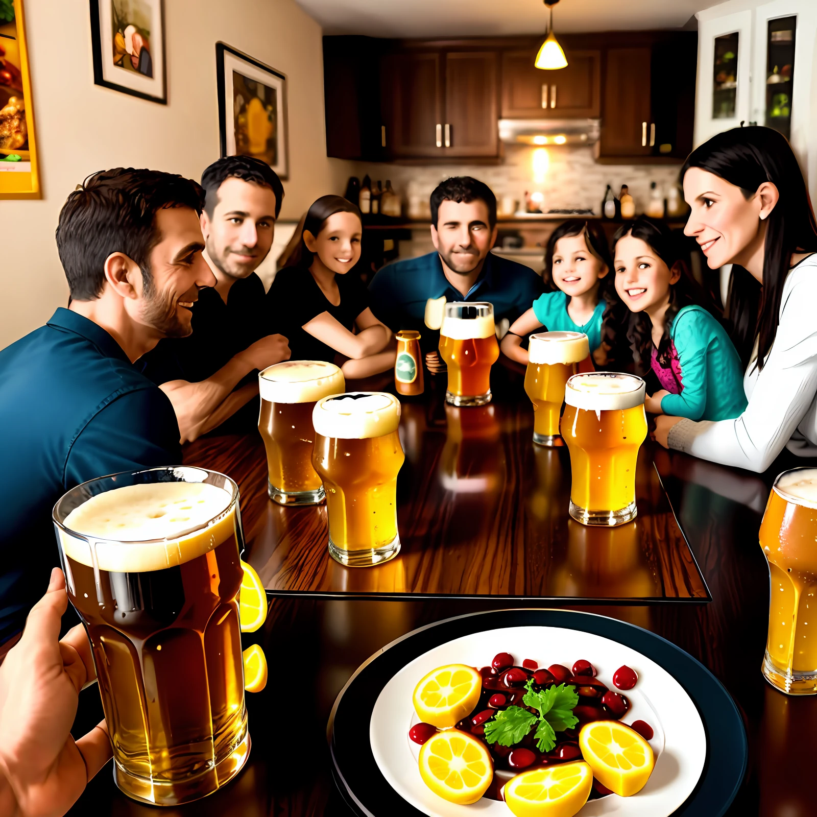 Close up, multiple families, mother, father, mommy friend, children, portrait of home party, beer and juice on the dining table, 7 people