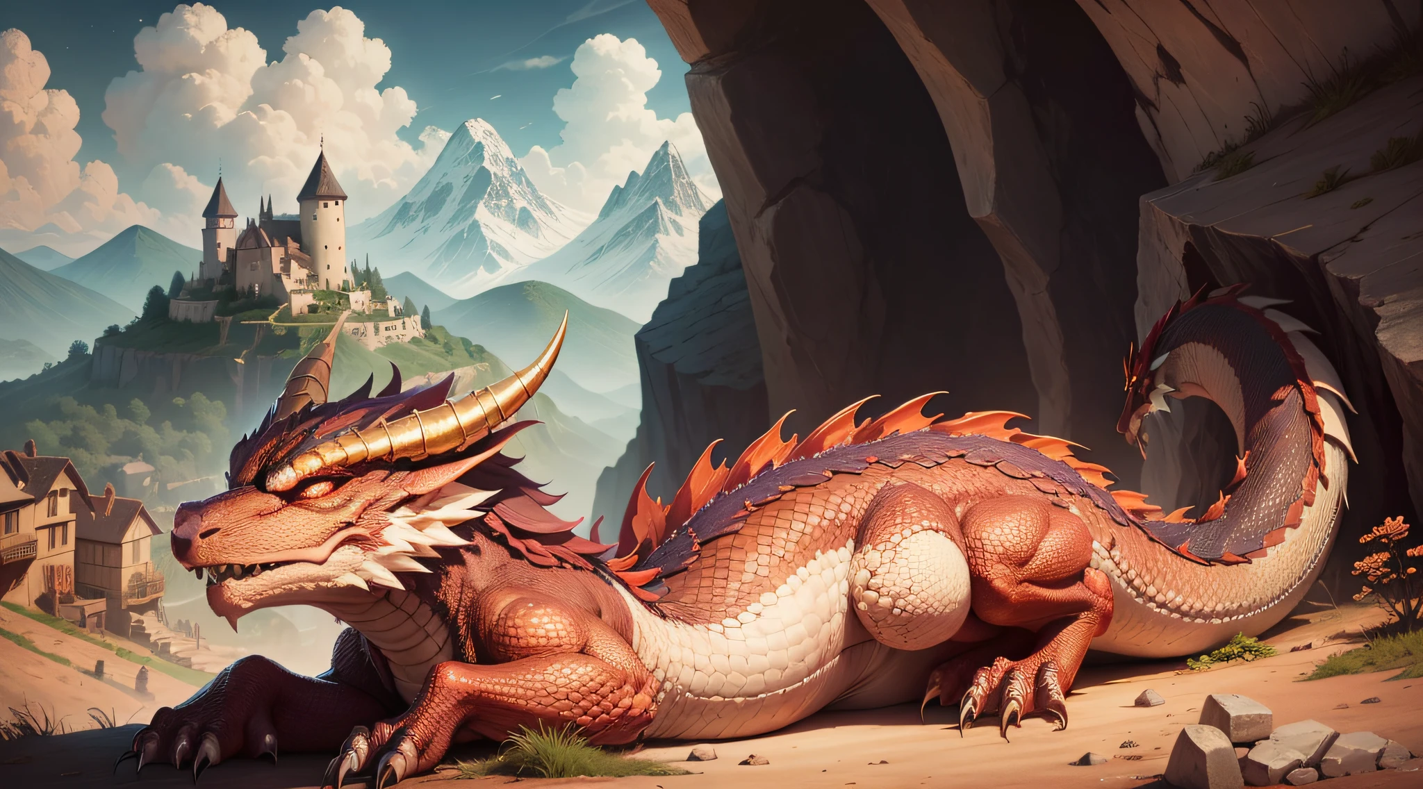 Image of a dragon sleeping at the bottom of a cave with only one head and in the background at a peasant village (best quality) (horizon) --auto