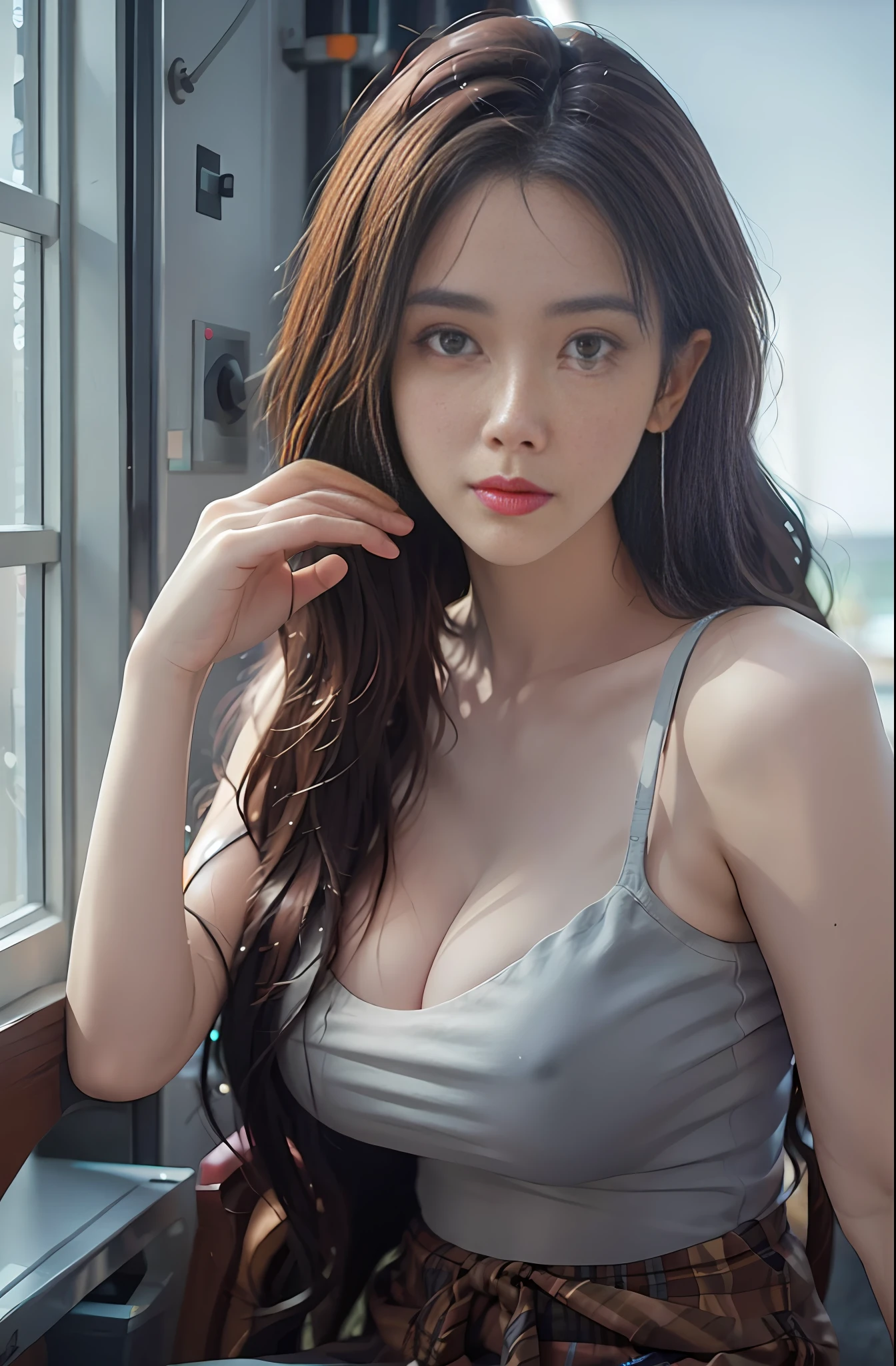 best quality, masterpiece, 1 girl, beautiful face, (photo photo:1.3), edge lighting, (high detail skin:1.2), 8k ultra hd, DSLR, high quality, high resolution, 4k, 8k, bokeh, ridiculous, best ratio four fingers and one thumb, (realistic:1.3), cute 1girl, wearing white t-shirt, huge breasts, white short skirt, sexy, exposed breasts,