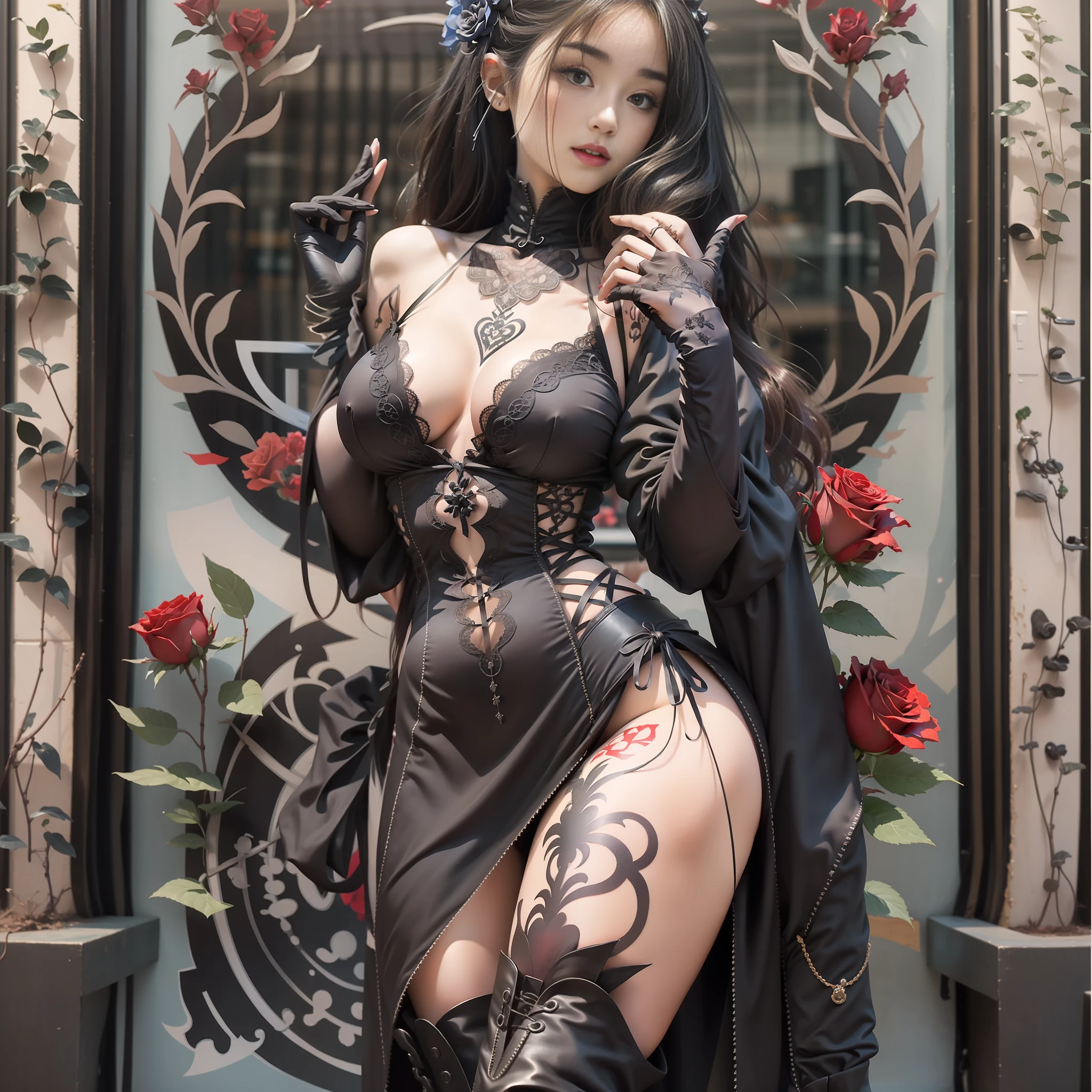 Gothic woman with long shoulder hair black, tattoos, embroidered clothing, lace gloves, knee-high boots, provocative pose, large breasts, full body, standing, she has a rose in her hair