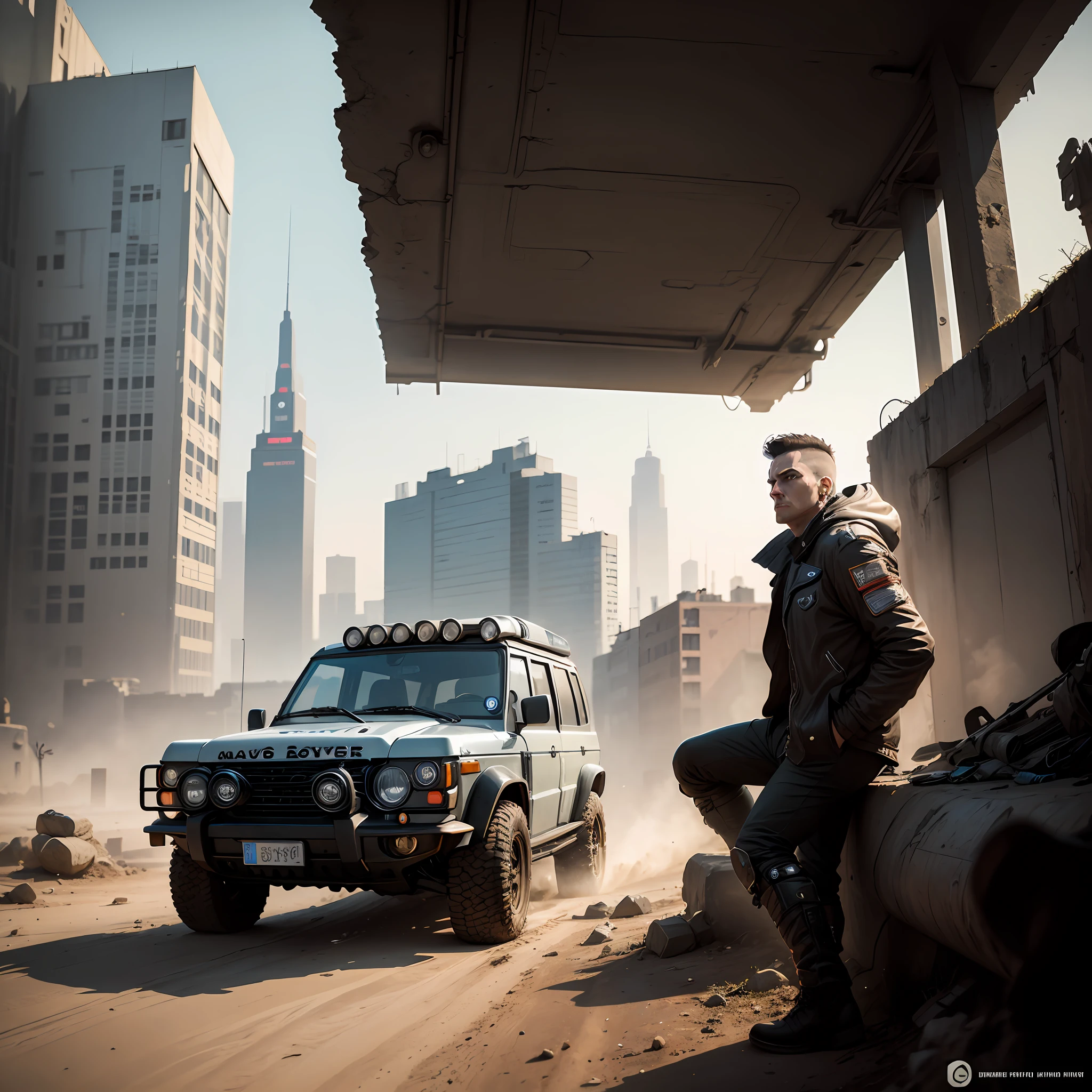 A cyberpunk flying Land Rover, designed in the year 2250 futuristic in the style of the movie Mad Max and in the background the hermitage of the Virgen del Rocío