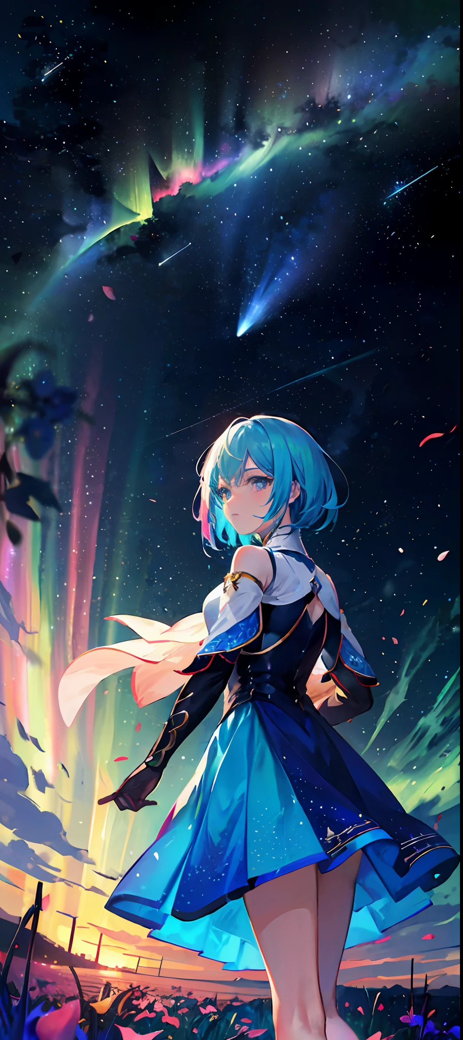 1girl, distant girl, wearing a teal dress armor, with a rainbow colored hair, staring at the stars, (zoomed out:1.1), (meteor shower:1.2), (comet:1.1), low angle, from behind, aurora borealis, shooting star, surrounded by flowers petals, standing in a field, best quality, masterpiece, cloud, colorful, starry, stars