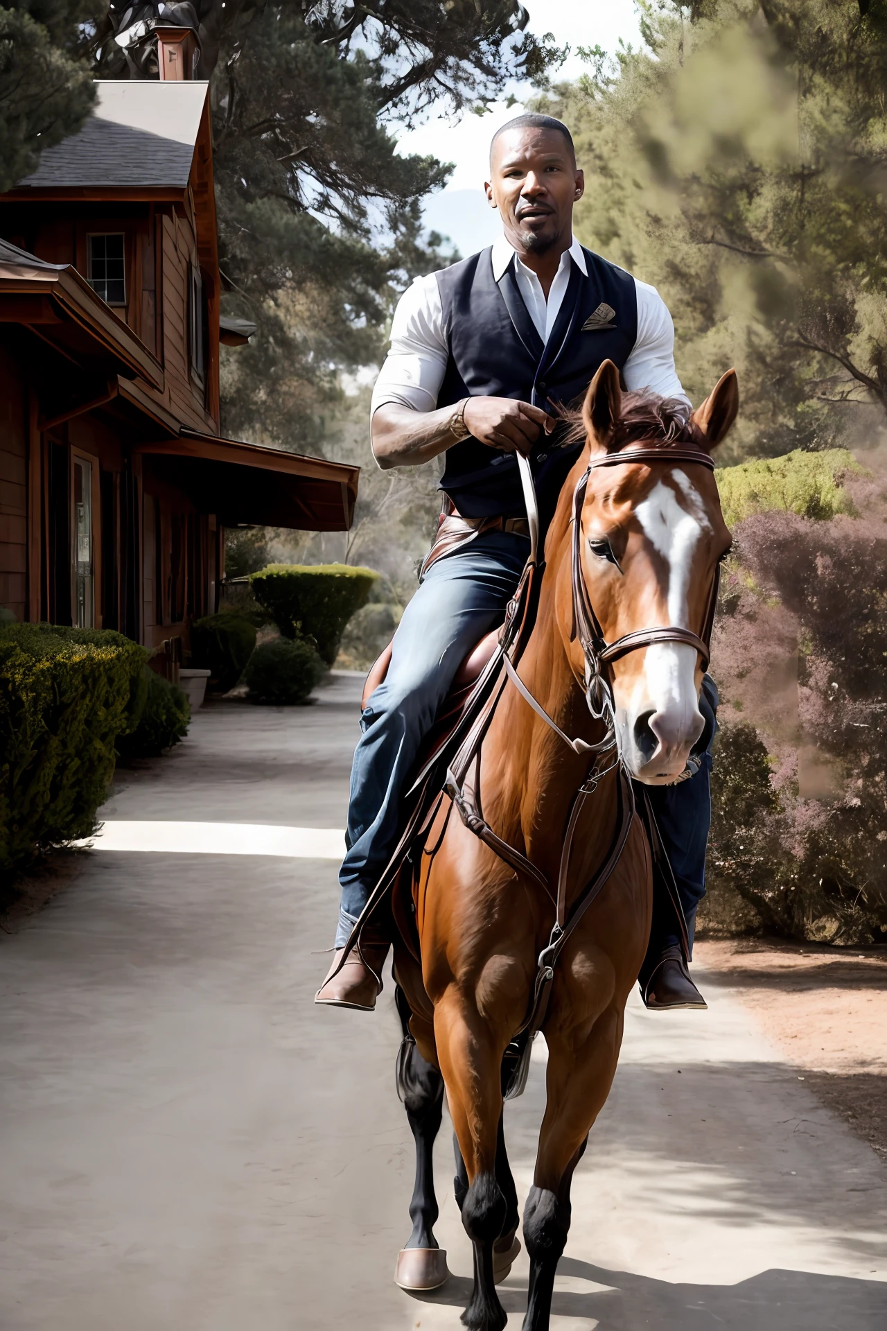 Jamie foxx, (in western clothes), (in a faroste setting), rides furiously towards the house, mounted on his brown horse, ready to save his beloved Broomhilda