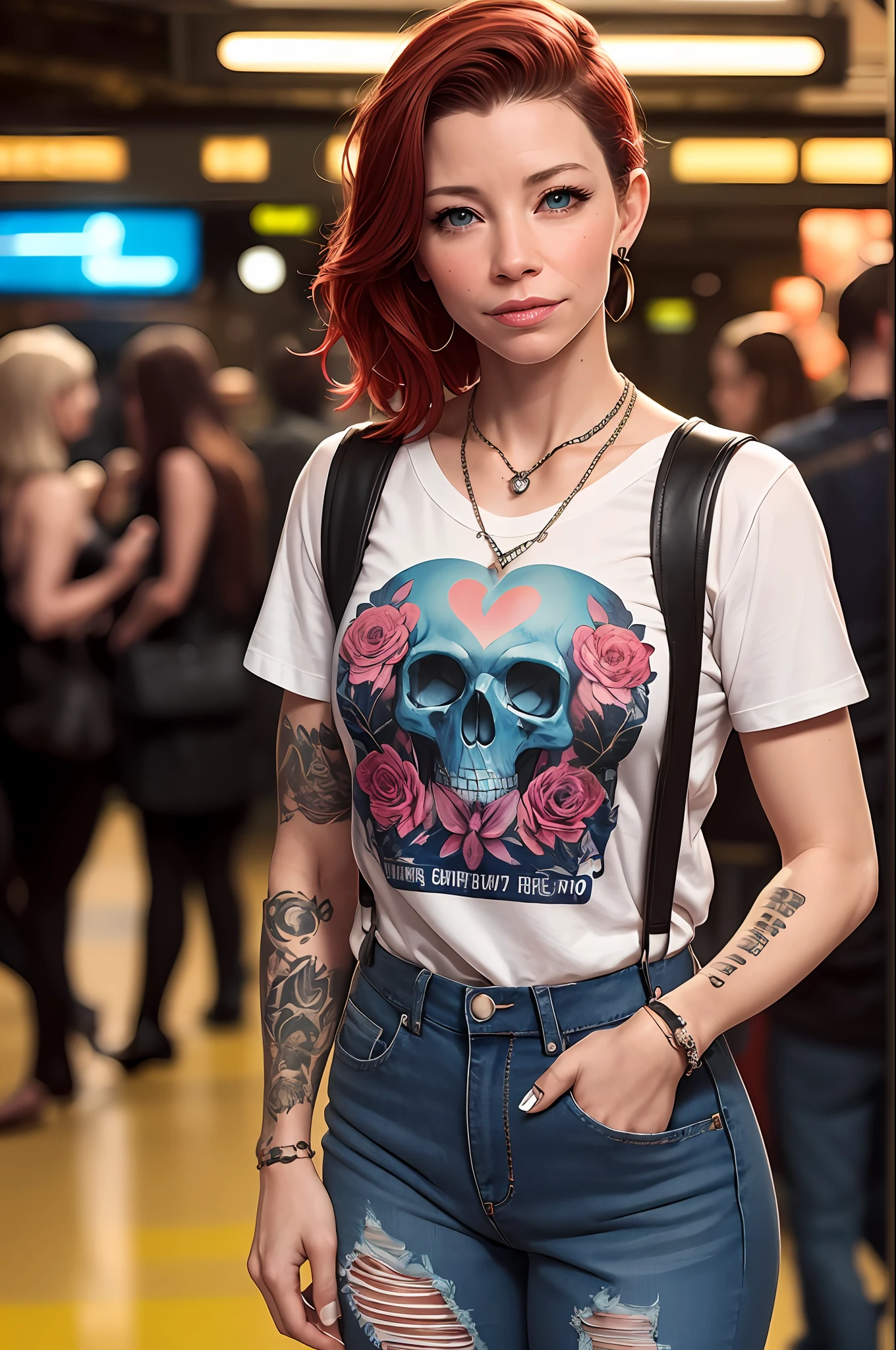 Evangeline Lilly, at the the Grand Central Terminal, cinematic, medium shot, whole head in frame, detailed face, detailed eyes, evening, punk aesthetic, pale blue ripped jeans, braces, suspenders, black boots, white shirt, skull, heart, necklace, chain, bullets, black leather jacket,(hi-top fade) , redhead, tattoo sleeve, right arm, intricate design, flowers, yellowed skull, navy T-shirt, rock, chick