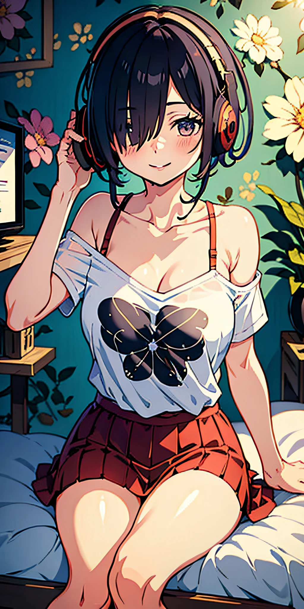 1girl, hair over one eye, split lips, blush, makeup, light smile, big hair, t-shirt, skirt, headphones, shine, thighs, black eye, bare shoulders, collarbone, narrow waist, bedroom, sunlight, flower, (masterpiece), underwear, plant vase, television, wallpaper, sunbeam,