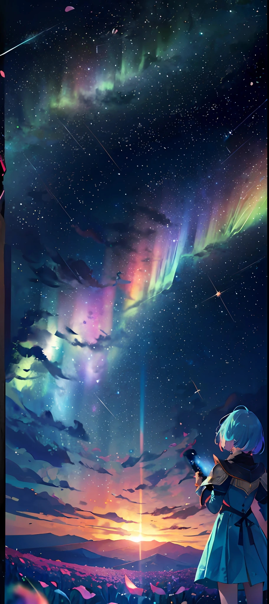 1girl, distant girl, wearing a teal dress armor, with a rainbow colored hair, staring at the stars, (zoomed out:1.1), (meteor shower:1.2), (comet:1.1), low angle, from behind, aurora borealis, shooting star, surrounded by flowers petals, standing in a field, best quality, masterpiece, cloud, colorful, starry, stars