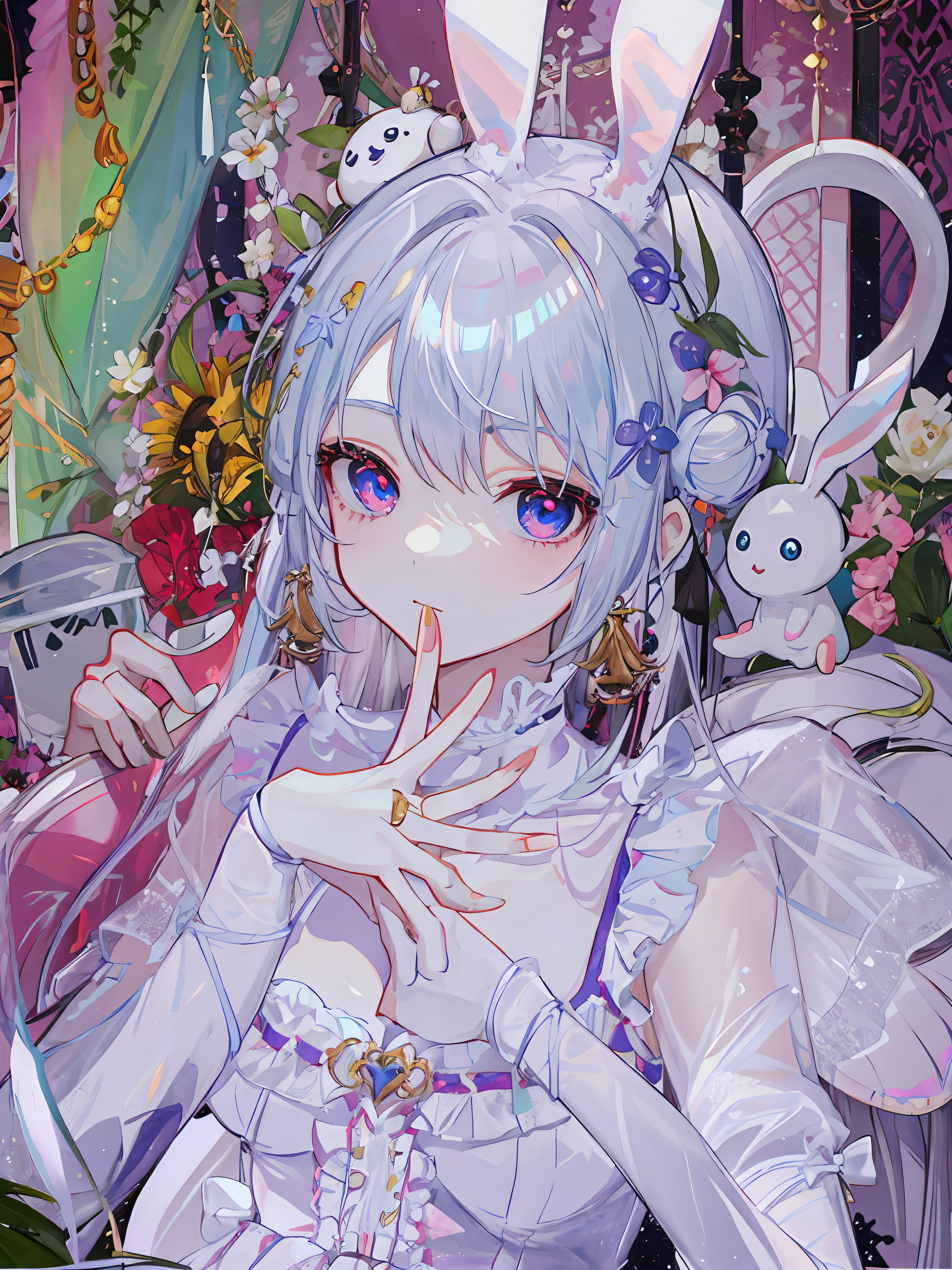 There is a girl with bunny ears and dress, fairy core, loli, guvitz, close-up character, pale milky porcelain skin, porcelain white skin, ball joint doll, CG society