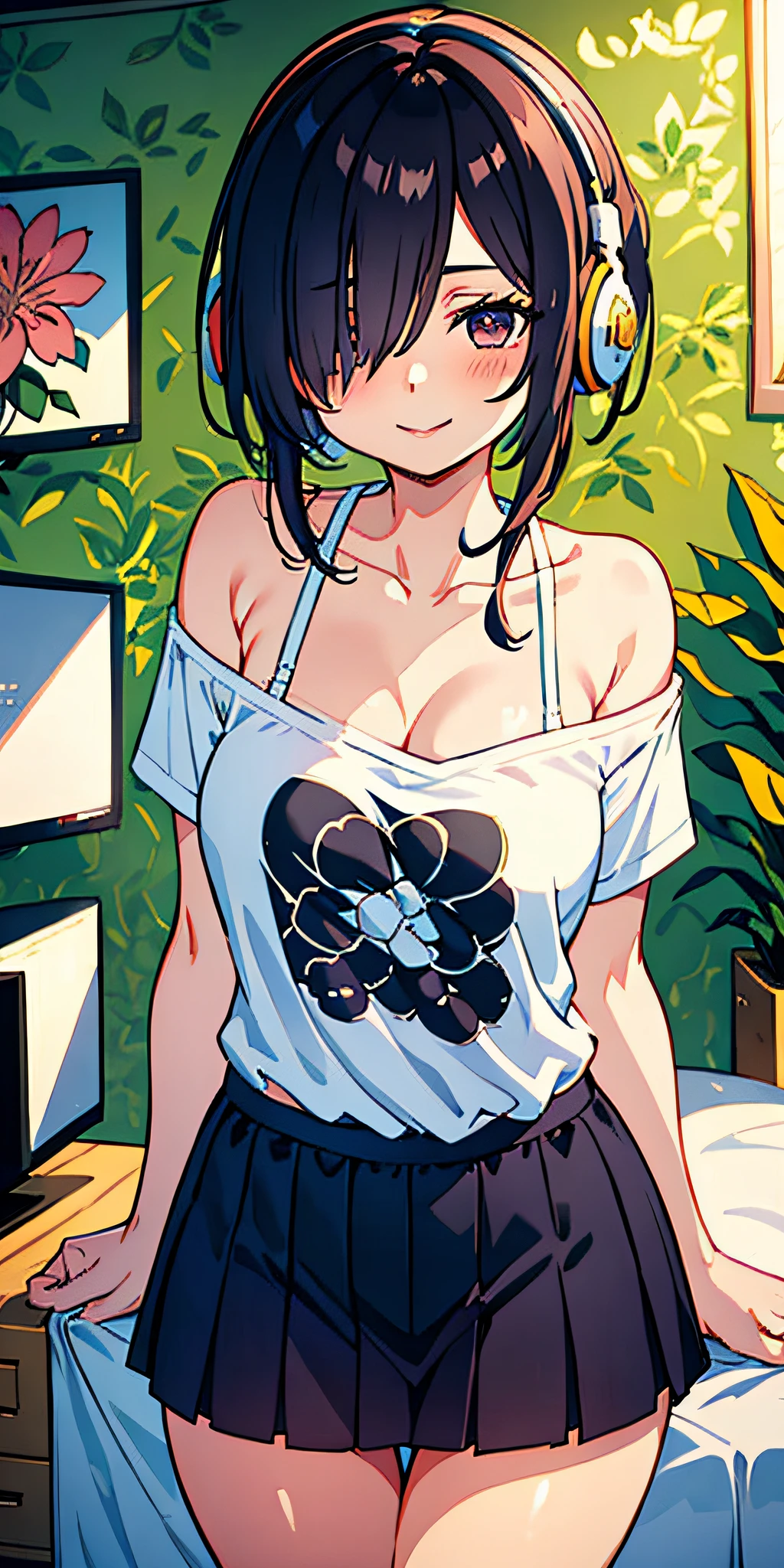 1girl, hair over one eye, split lips, blush, makeup, light smile, big hair, t-shirt, skirt, headphones, shine, thighs, black eye, bare shoulders, collarbone, narrow waist, bedroom, sunlight, flower, (masterpiece), underwear, plant vase, television, wallpaper, sunbeam,