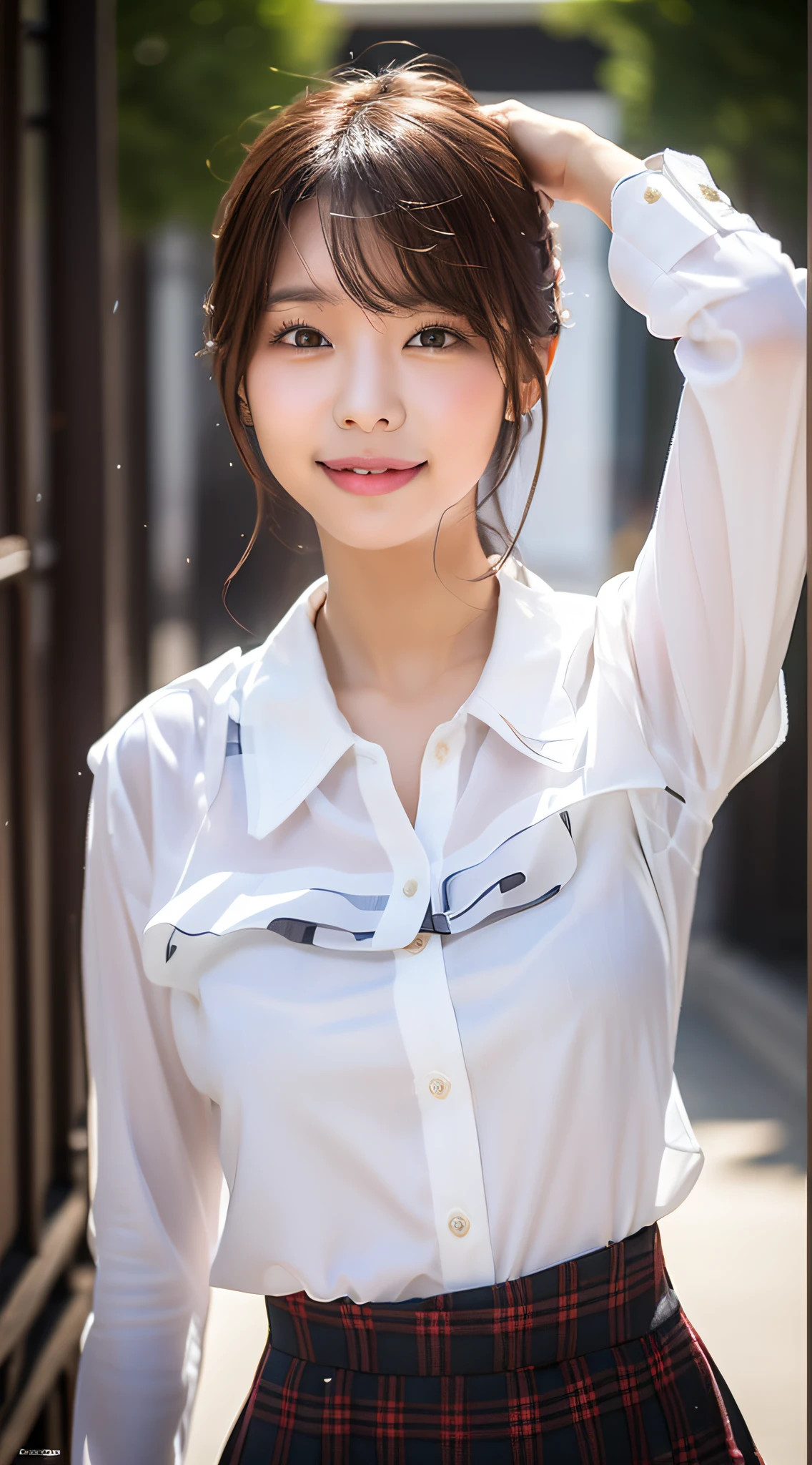 Smile, white blouse, tartan check skirt, campus