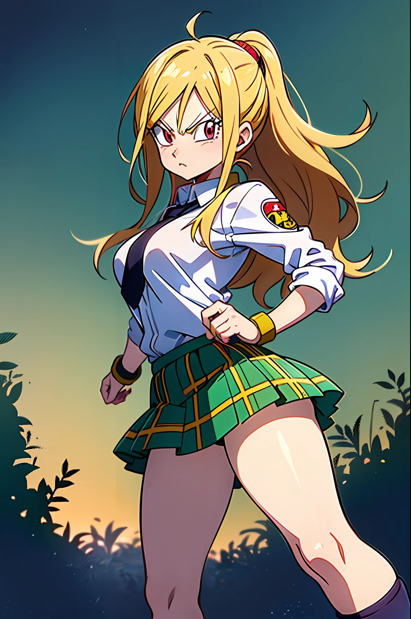 neutral face, schoolgirl attire, white blouse with yellow jacket, green striped tie, red plaid skirt, red eyes and red hair in a twin ponytail, (style of dragon ball z and fairy tail anime), (illustrated by Akira Toriyama and Atsushi Ohkubo), (style mixing), Lucy Heartfilia, Bulma