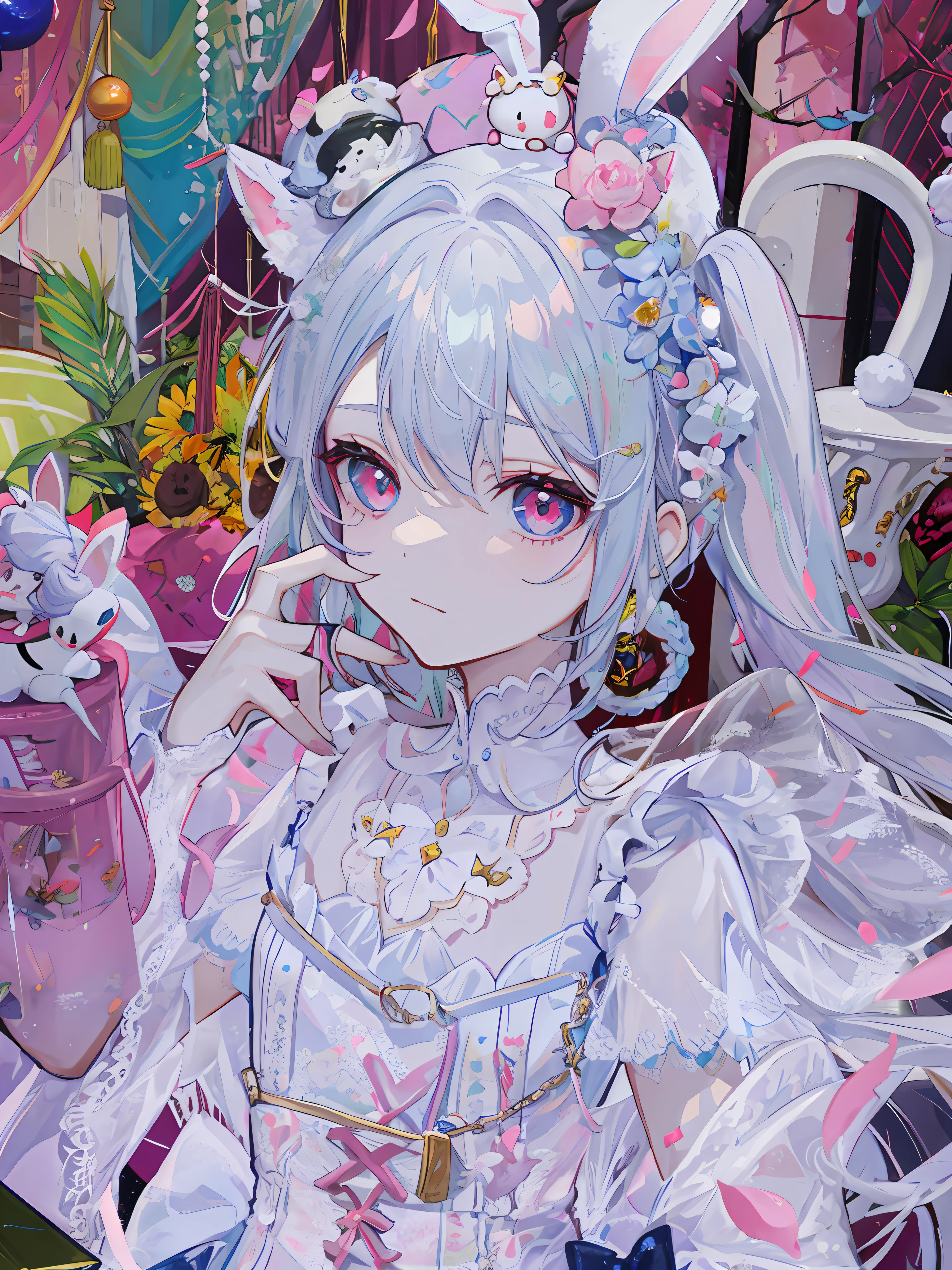 There is a girl with bunny ears and dress, fairy core, loli, guvitz, close-up character, pale milky porcelain skin, porcelain white skin, ball joint doll, CG society