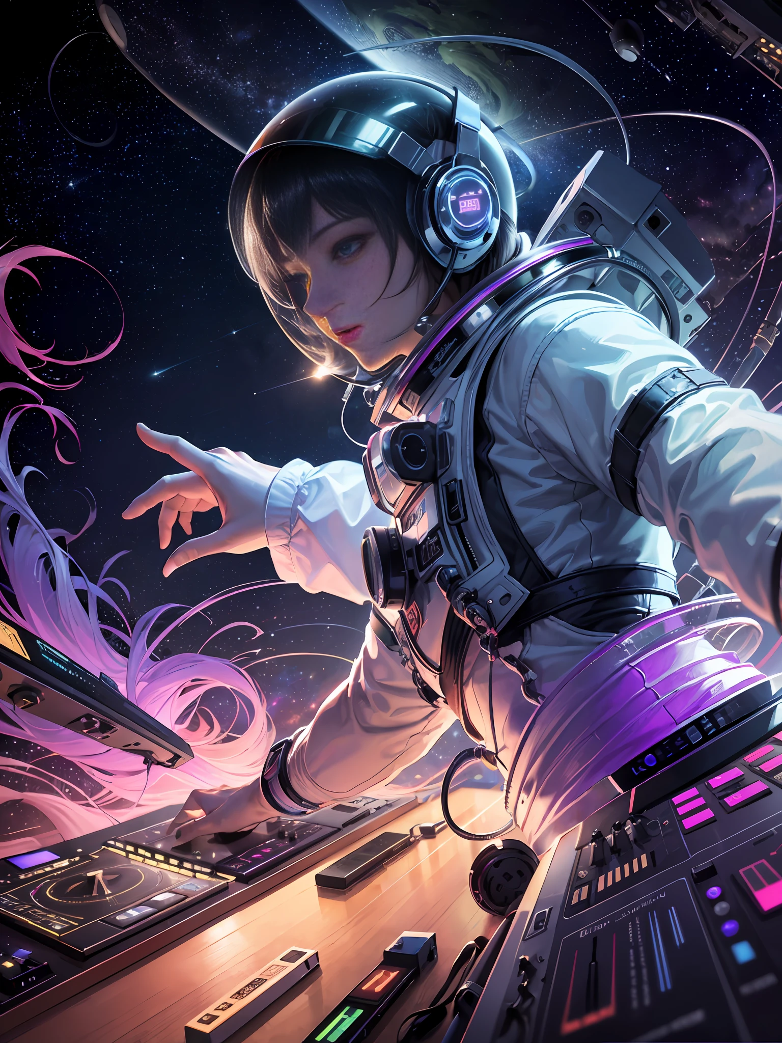 ((best quality)), ((masterpiece)), (detailed), (inspiring),Kurt Cobain astronaut DJ mixing music at a cosmic dancefloor, (Celestial Groove:1.2), (Galaxy Rhythm:1.1), (Stellar Beats:1.1), pulsating neon lights, futuristic DJ equipment, (energetic poses:1.2), (dynamic composition:1.1), (medium shot:1.1), HD wallpaper