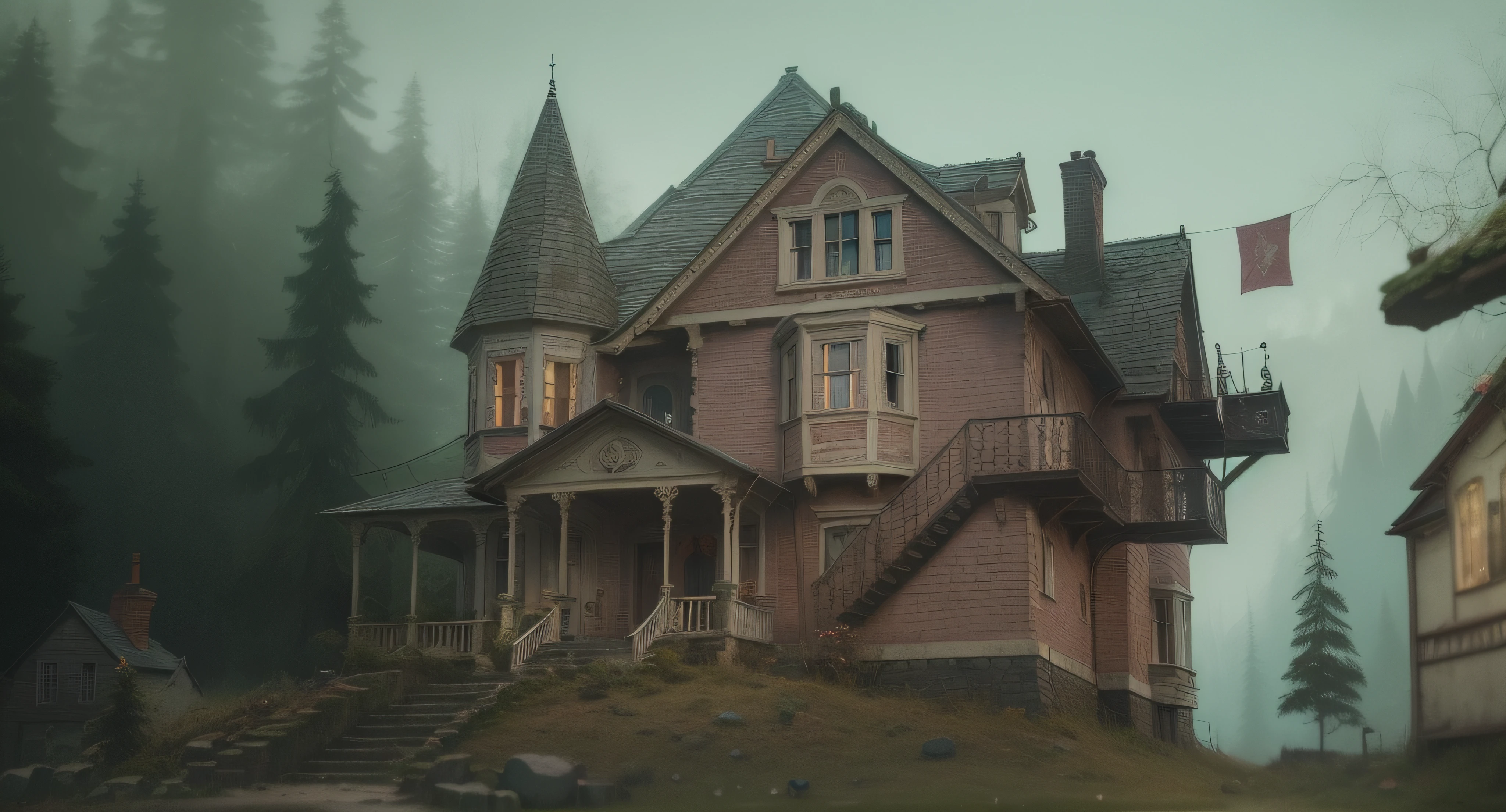 CORALINE, FANTASY, mansion, pink, dark background, black forest --auto