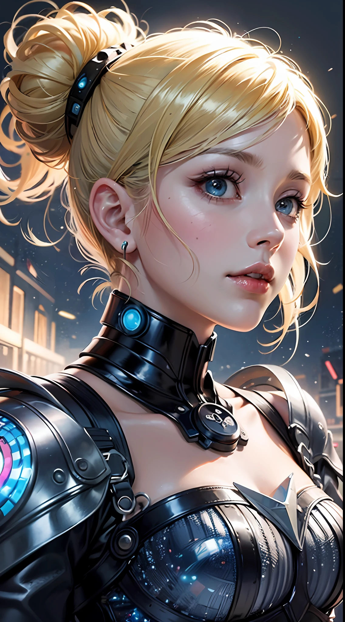 ((best quality)), ((masterpiece)), (detailed), close up face, Futuristic, cyberpunk elements, Cinderella as a futuristic princess with bright blonde hair, elegant face, short hair, cinderella, hair in bun, dress is a mixture of iridescent fabrics and holographic fabrics, incorporating holographic and technological elements, magical aura, colorful, cybernetic parts