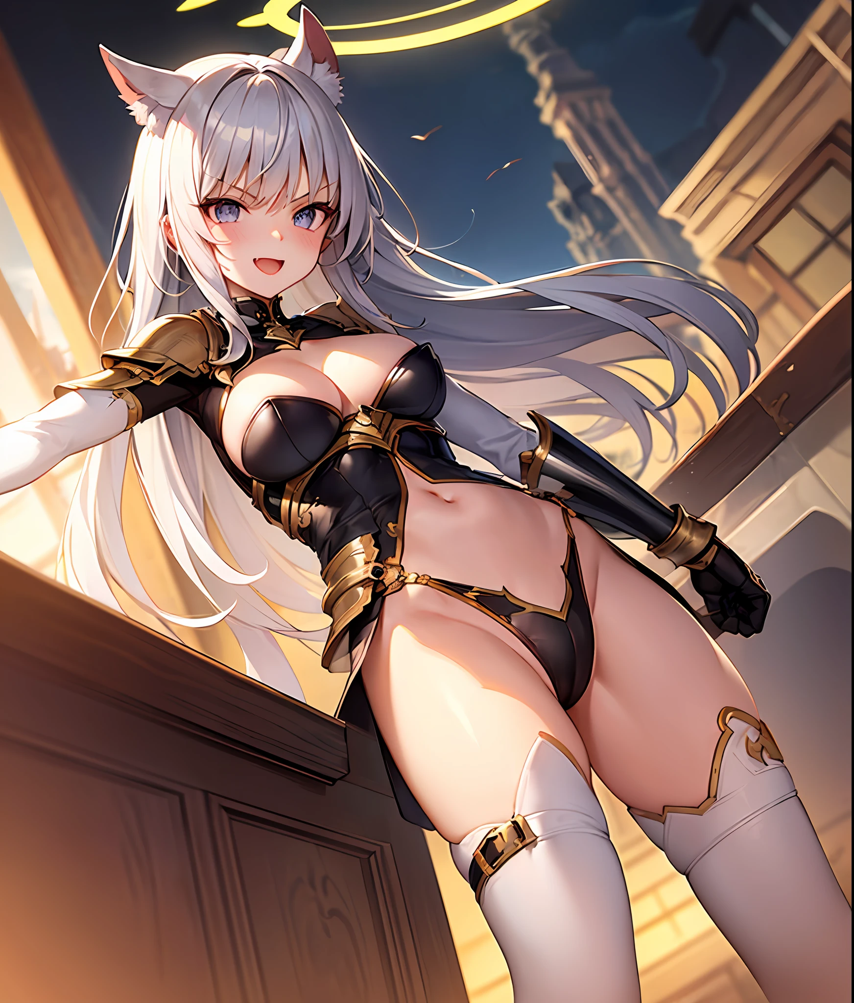 fantasy, 1angel_girl, loli,dk_color_hair, medium_bob_hair, long_bangs, halo,bare_shoulder,thighhighs,silver_armor, waist_armor, large_breasts,angry,smile,open_mouth1pair_wings, dynamic_ pose_fighting,floating, bare_crotch, covered_nipples, covered_pussy,headgear,gauntlet, greaves, pelvic_curtain, city_sky_background,slightly_spread_legs, solo, groin_naked,(masterpiece, best quality, best quality, official art, beautiful and aesthetic:1.2), (1 girl), very detailed,