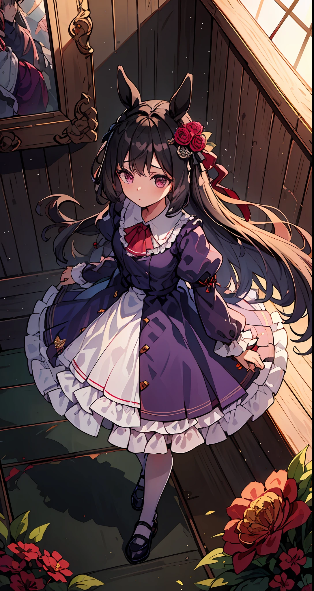 ((masterpiece, highest quality)),
,1st Ruby,horse_ears,red_eyes,(purple_dress,purple_skirt), long_skirt,Flower, Ruffle, Hair Flower, Interlocking Fingers, Long Sleeve,Put Your Hands together, Puffy Sleeves, Red Flower, Solo, White Pantyhose,White Legwear,small_breasts,
 Look at the beholder, ((look from slightly above)), (quiet expression), standing, dark background, dark place, picture frame,