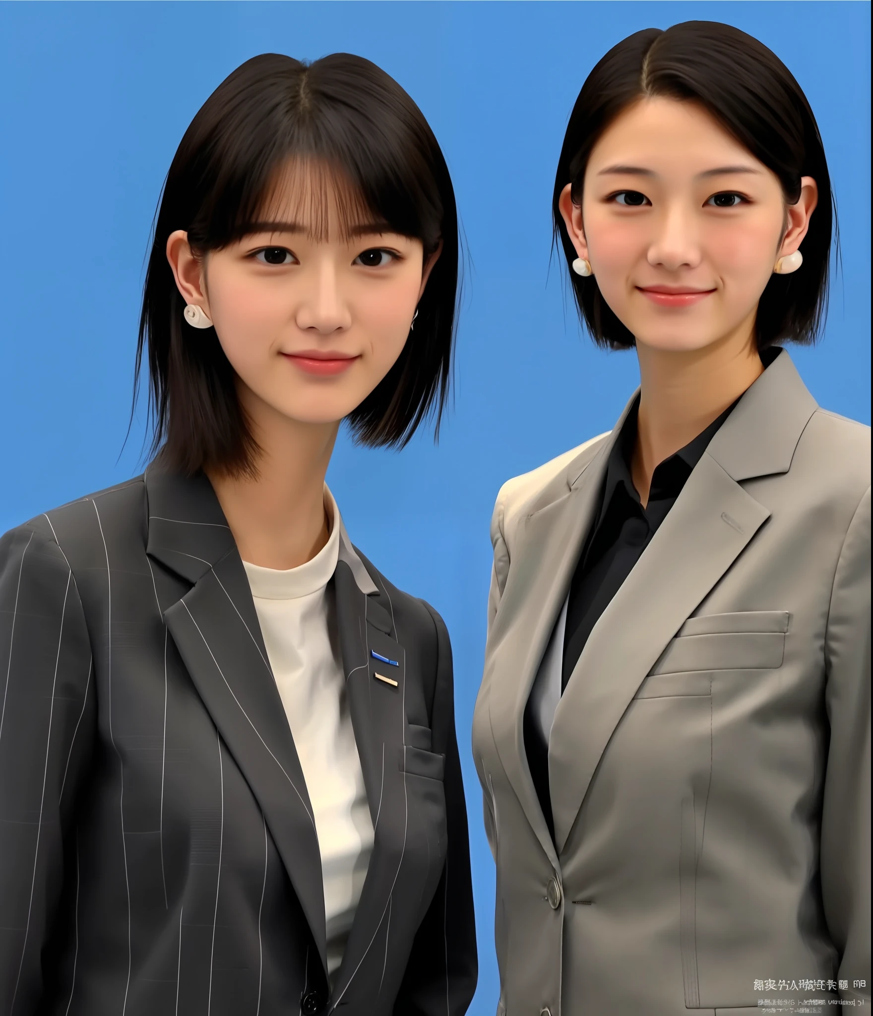 16 year old Japan woman in business suit, very short hair, exposed ears, intelligent