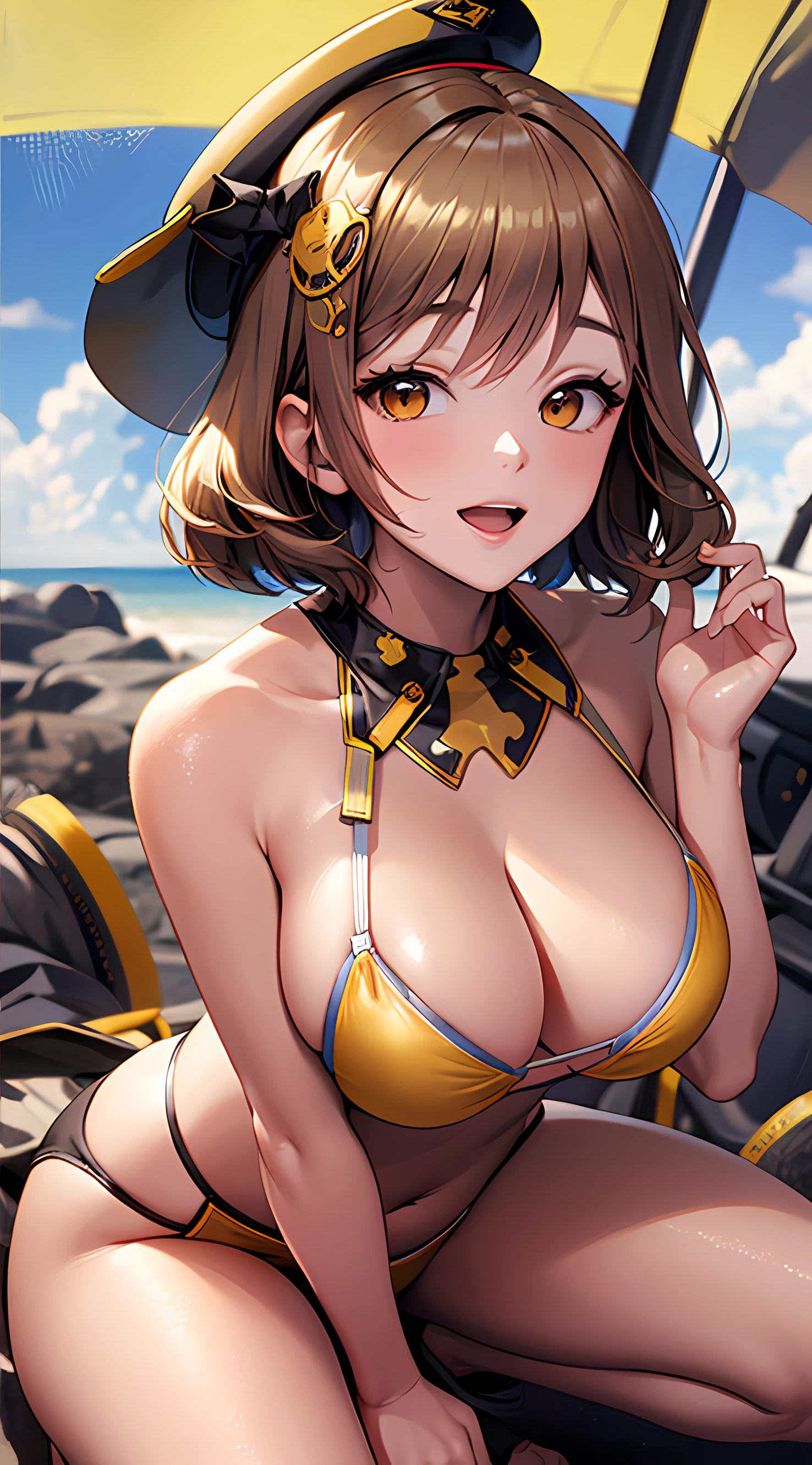 Best Quality, Ultra-Detailed, 1girl, Solo, Nikkeanis, Cross-Eyed, short_hair, open_mouth, Large breasts, Bending Down, Near, Squatting, Normal Thigh, brown_hair, hair_ornament, brown_eyes, yellow_eyes, Beret, Cowboy Shot, (Bikini:1.3), Beach, Summer, Silky Pale White, Shiny Skin