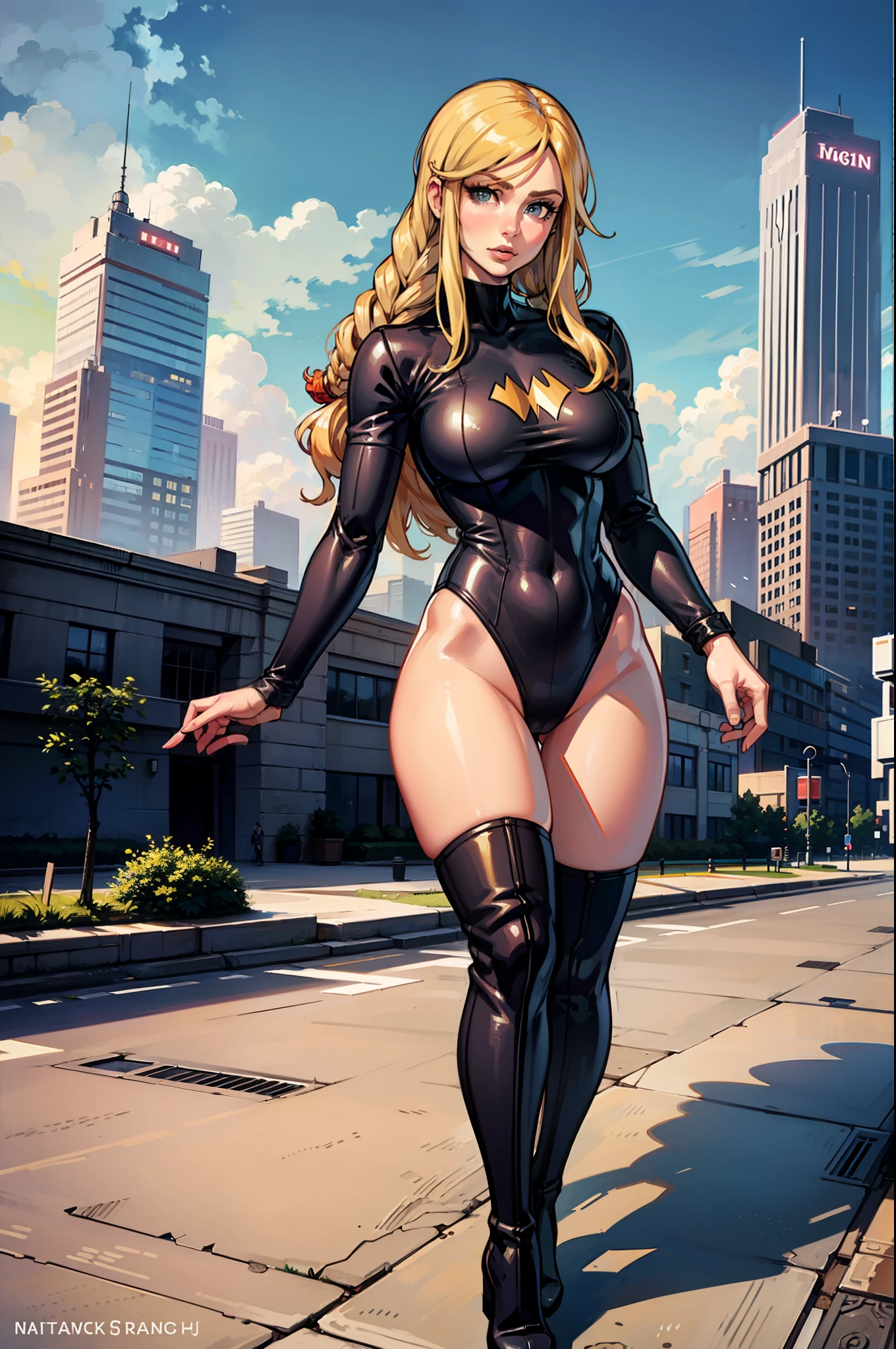 masterpiece, best quality, agrias, grey sweater, tight black leotard, standing, looking at viewer, blonde hair, superhero, bare legs, matching thigh-high boots, city backdrop
