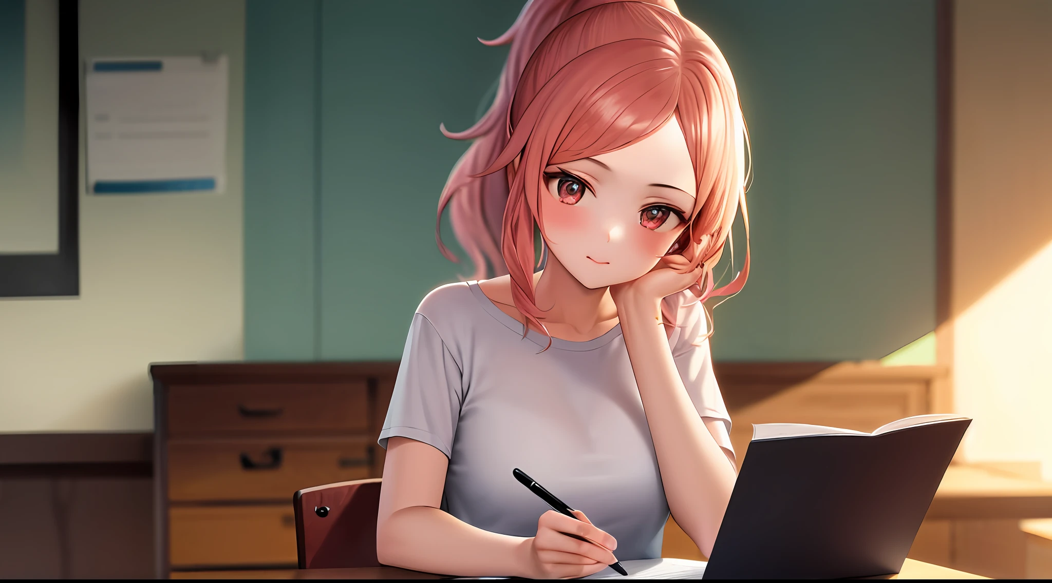masterpiece, Best quality, High resolution, One girl, loose t-shirt, girl sitting on chair and studying drafting at desk,, studying seriously, paperwork, good luck studying, drafting, beauty, cute, paperwork, architect, high ponytail, forehead, pink hair