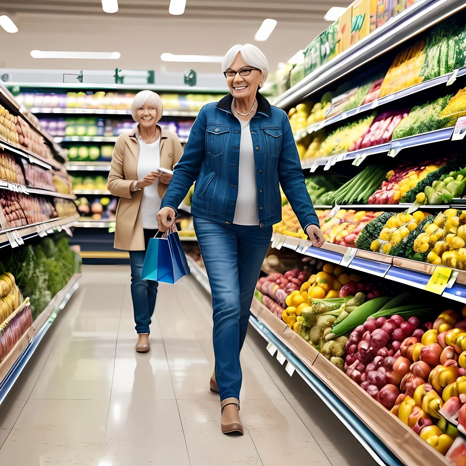 "60-year-old lady going shopping at the supermarket, INSIDE THE SUPERMARKET, with a lot of excitement and enthusiasm." (4K, HYPER REALISTIC) --auto