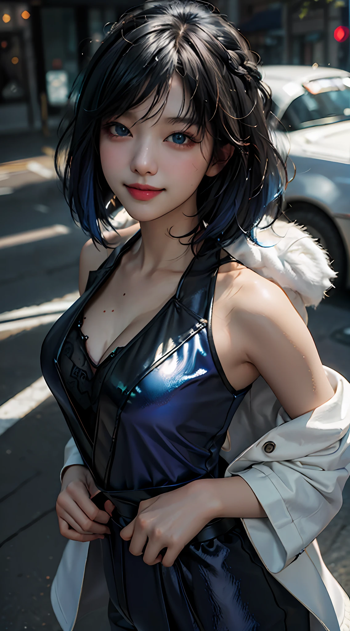 Best quality, masterpiece, ultra high res, (photorealistic:1.4), raw photo, 1girl, off shoulder, cinematic lighting , yelan \(genshin impact\),best quality, ultra high res, (photorealistic:1.4), (depth of field:1.4), (pov:1.2),(looking at camera:1.4), (symmetry:1.2), (portrait:1.4), (close-up:1.2), [:(detailed face:1.2):0.2] ((thin bworn lips)), (aegyo sal:1.4), (smile:1.3), loose coat, white fur collar coat, trimmed coat, black and blue spot bra, 1 girl, ((Shiny skin)), voluminous hair, blue hair, short hair, bright green eyes, (detailed eyes:1.2), medium chest, 1mole on chest, (sexy jumpsuit) macro fishnets, (long black trousers), (8k, RAW photo, best quality, masterpiece:1.2), city, in pool, focus on face, white skin, half body, close up, bokeh, bloom, (ulzzang-6500:0.4)