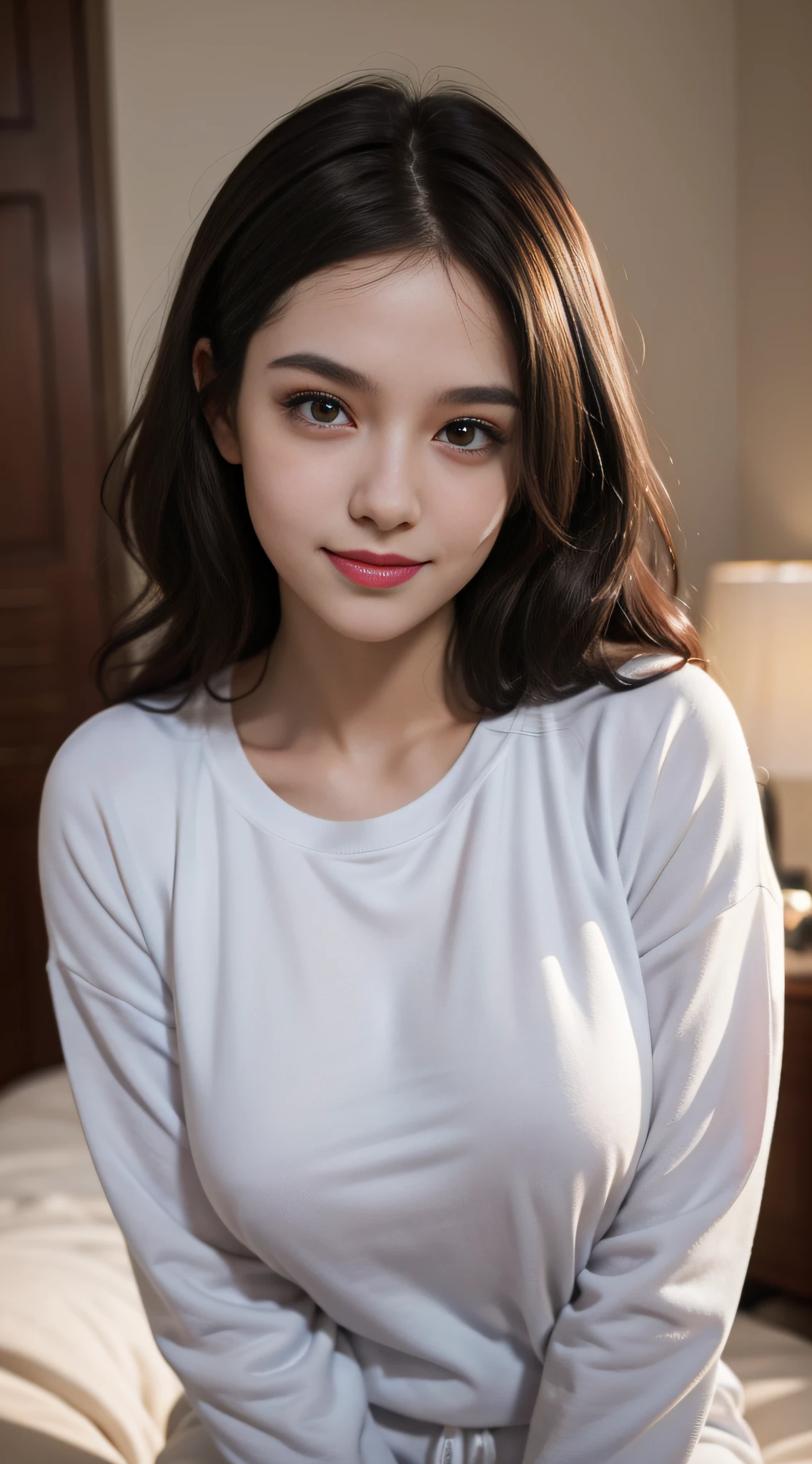 (dasha taran),upper half of body,Big eyes,small face,room wear Pajamas,sweatpants or sweatshirts,in the dark,thick body:1.8,huge breasts:1.6,Loose and fluffy curls,lustrous skin,smile