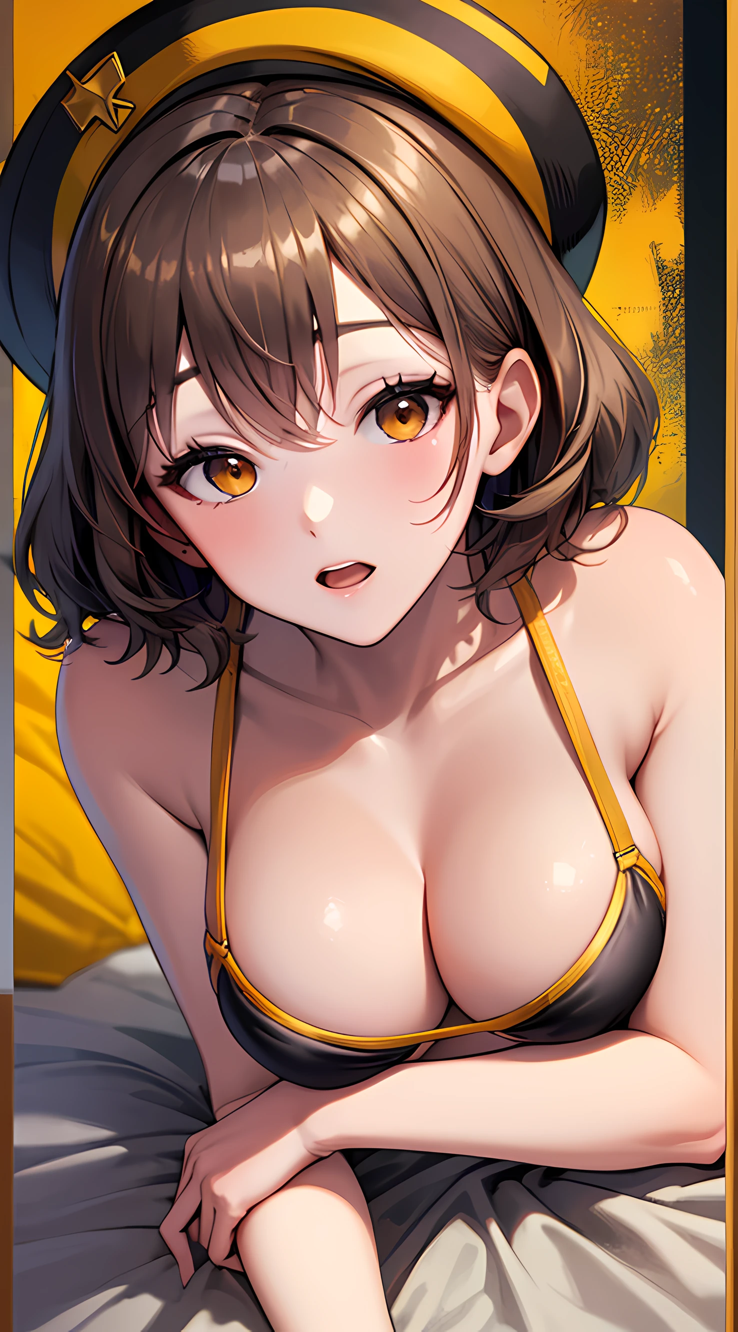 Best Quality, Ultra-Detailed,,1girl, Solo, Nikkeanis, Cross-Eyed, In-Room, short_hair, open_mouth, Large Breasts, Bending Down, Near, Behind, Lying On Bed, Cancer Pose, Normal Hip, brown_hair, hair_ornament, brown_eyes,yellow_eyes, Beret, Cowboy Shot, (Bikini:1.3), Beach, Summer, Silky Pale White, Shiny Skin