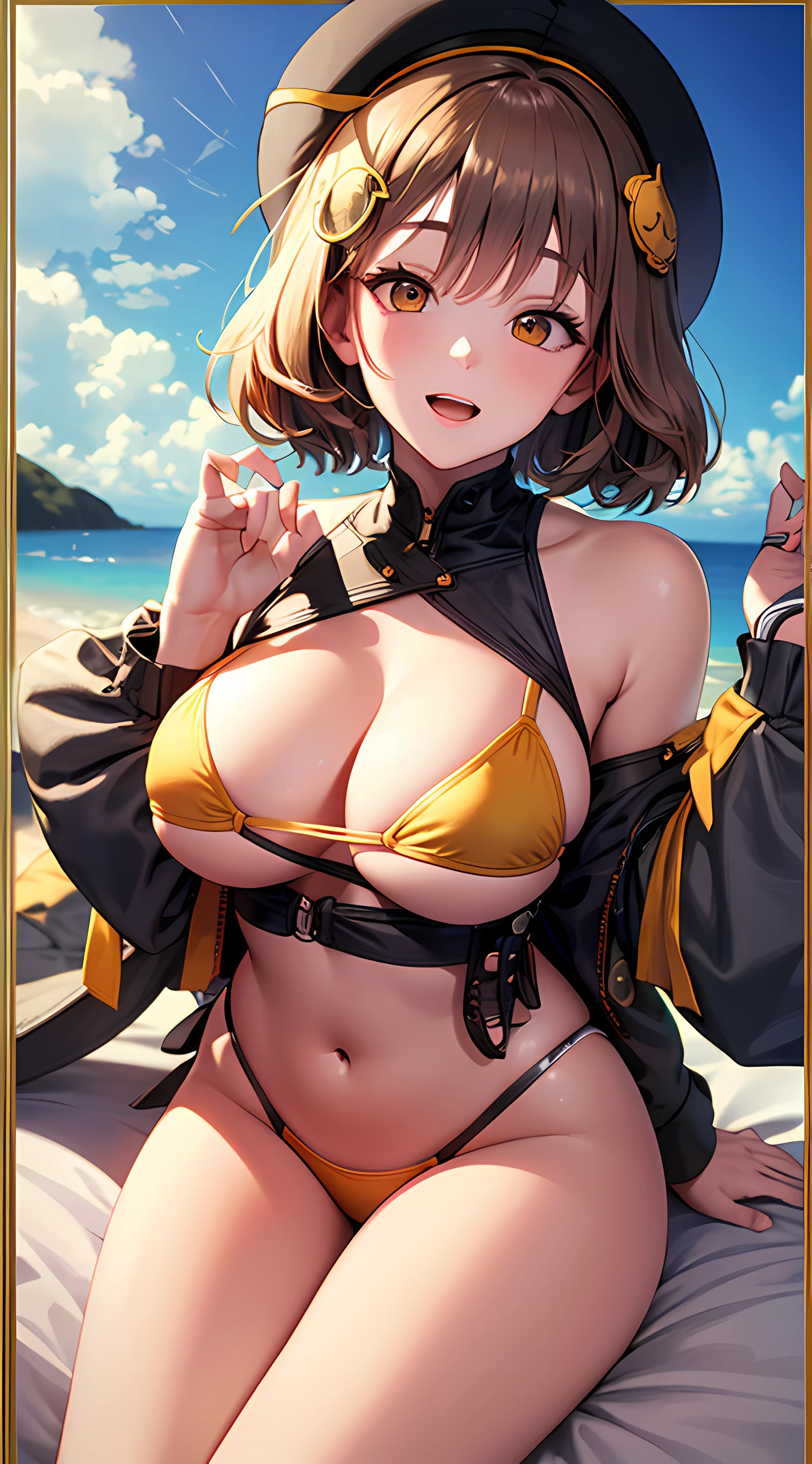 Best Quality, Ultra-Detailed,,1girl, Solo, Nikkeanis, Cross-Eyed, In-Room, short_hair, open_mouth, Large Breasts, Bending Down, Near, Behind, Lying On Bed, Cancer Pose, Normal Hip, brown_hair, hair_ornament, brown_eyes,yellow_eyes, Beret, Cowboy Shot, (Bikini:1.3), Beach, Summer, Silky Pale White, Shiny Skin