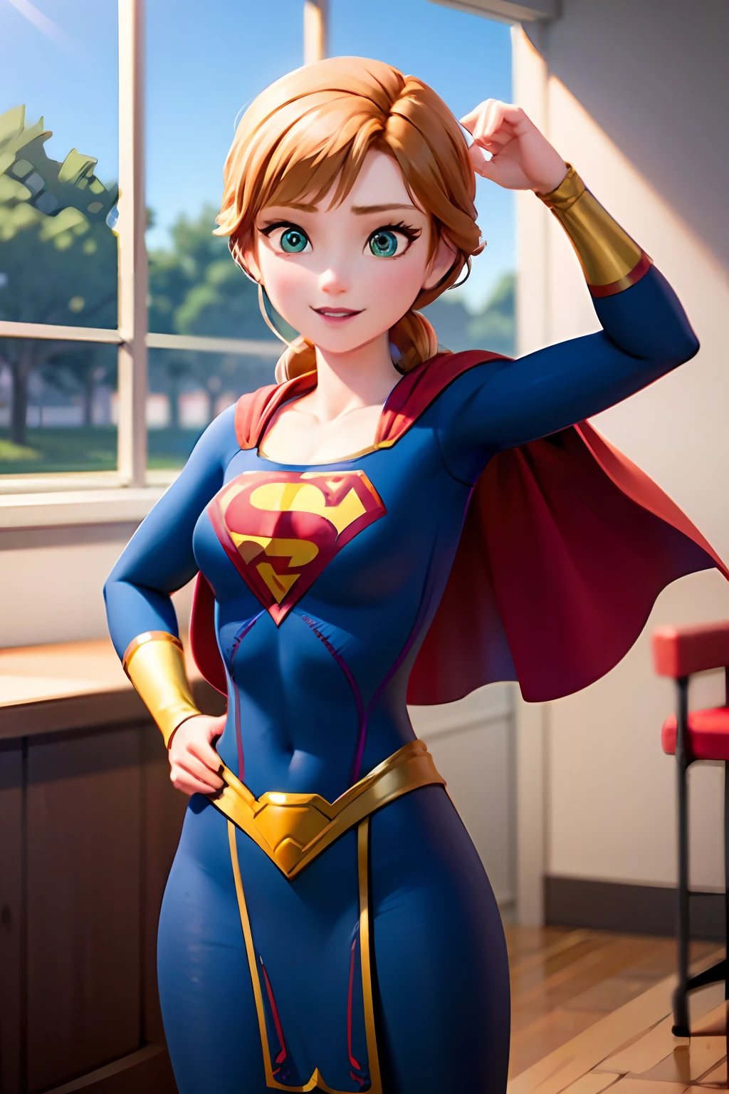 Photo of Anna of Arendelle in a supergirl costume, ginger hair, metropolis, super girl, super girl, full blue superman suit, supergirl, ginger hair